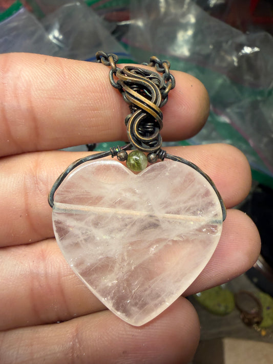 Rose quartz heart copper pendant