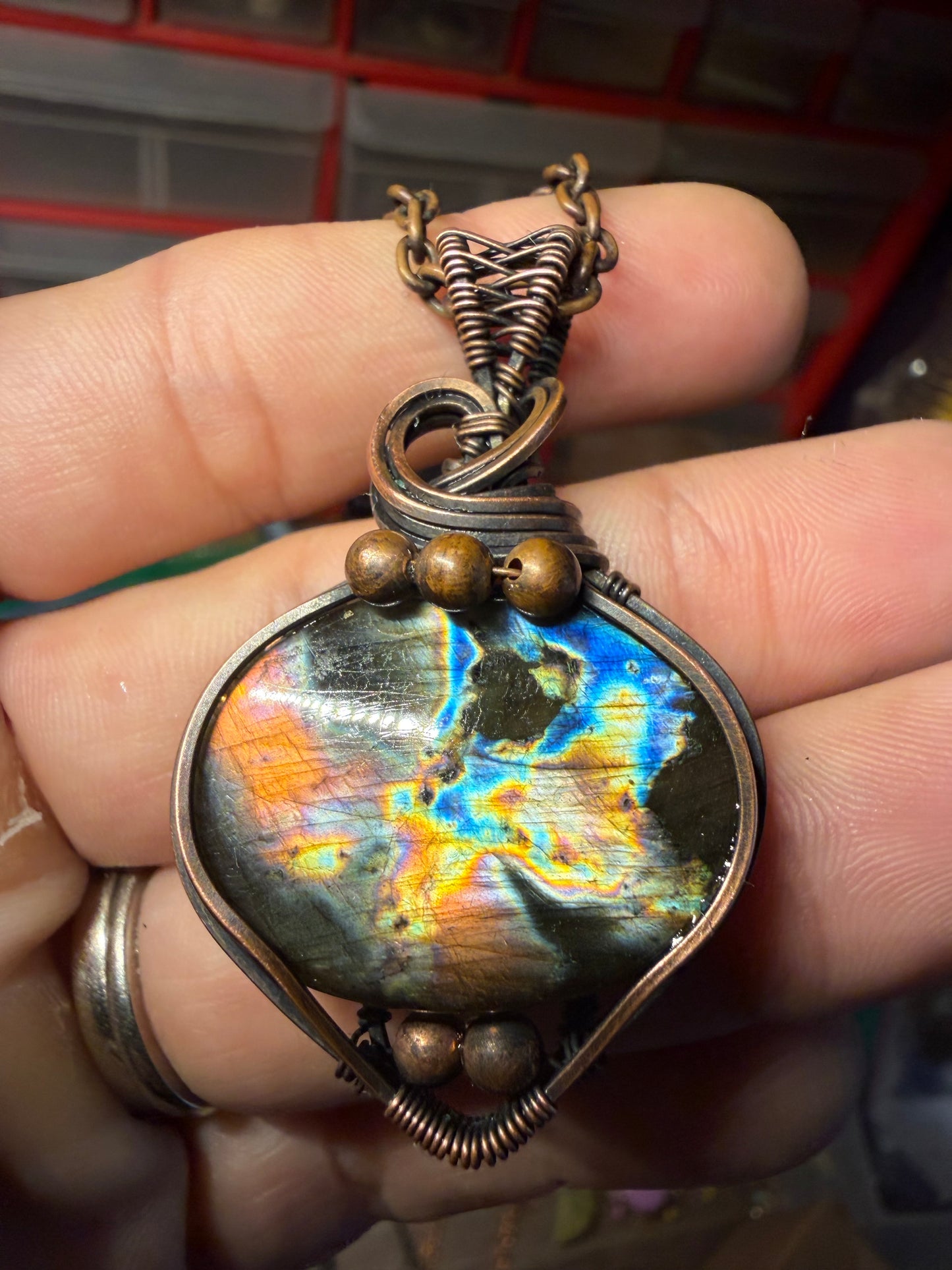 Flashy labradorite copper pendant