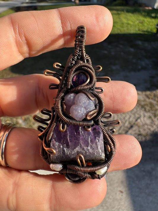 Amethyst and grape agate copper pendant