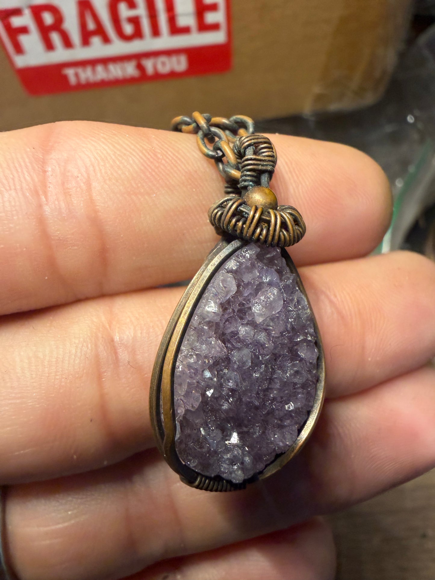 Amethyst drusy copper pendant