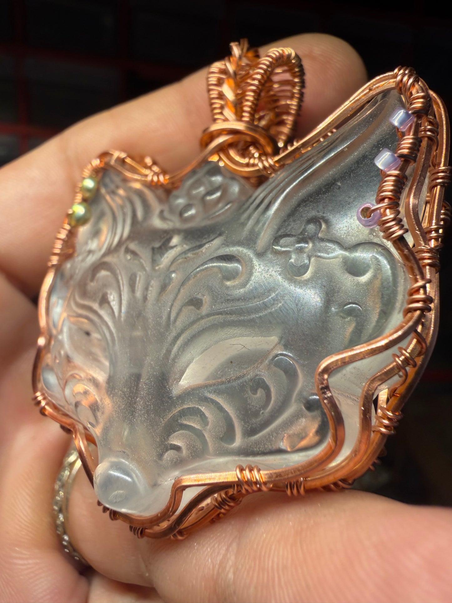 Fox clear quartz copper pendant