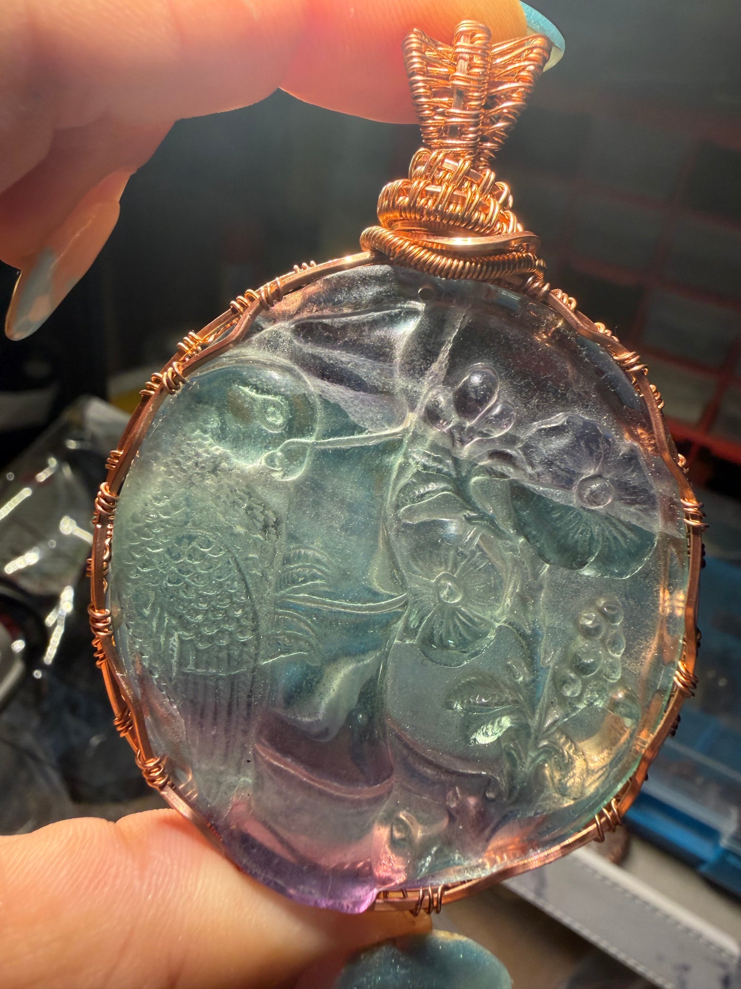 Fluorite carving copper pendant