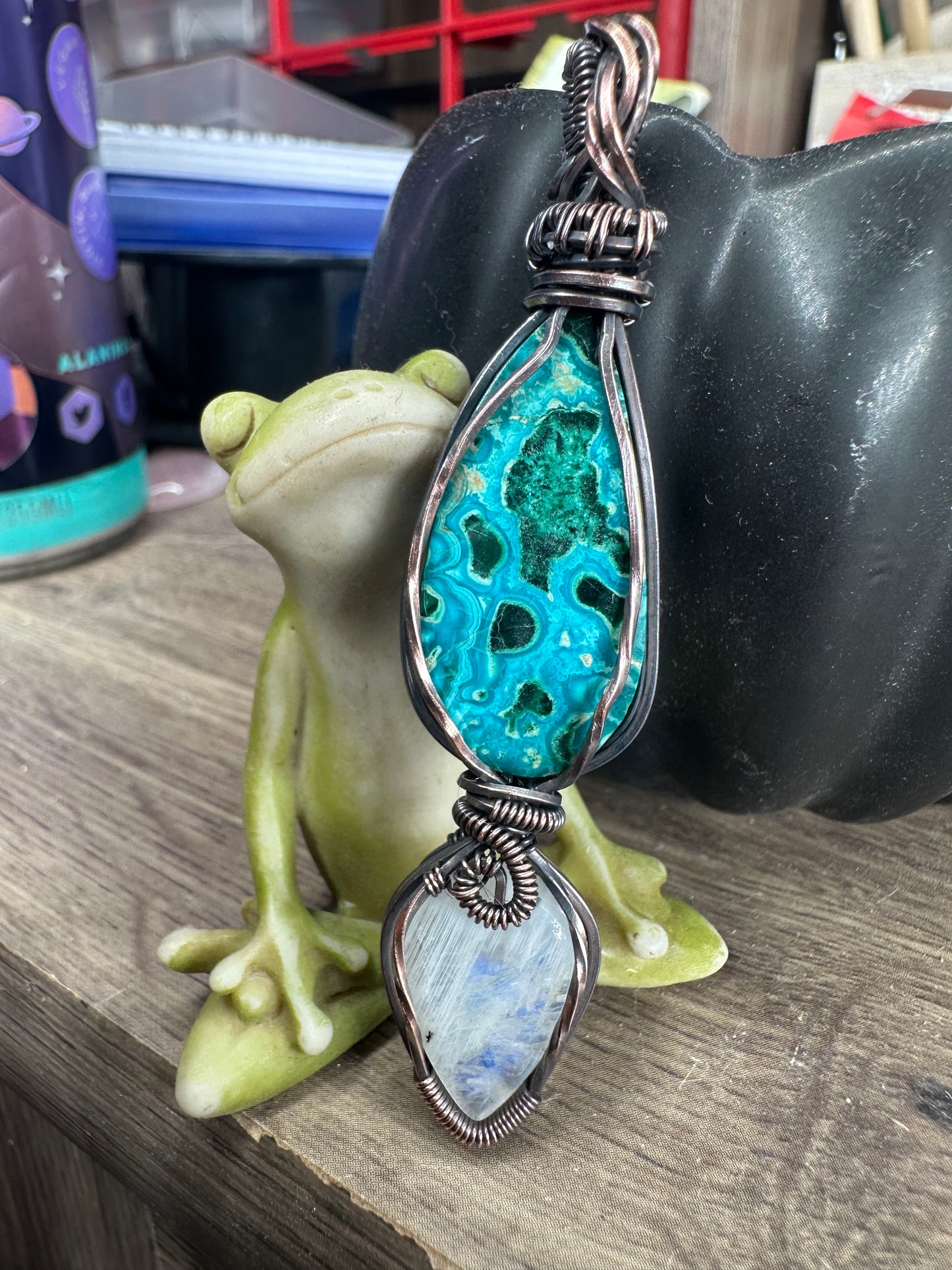 Chrysocolla and moonstone copper pendant