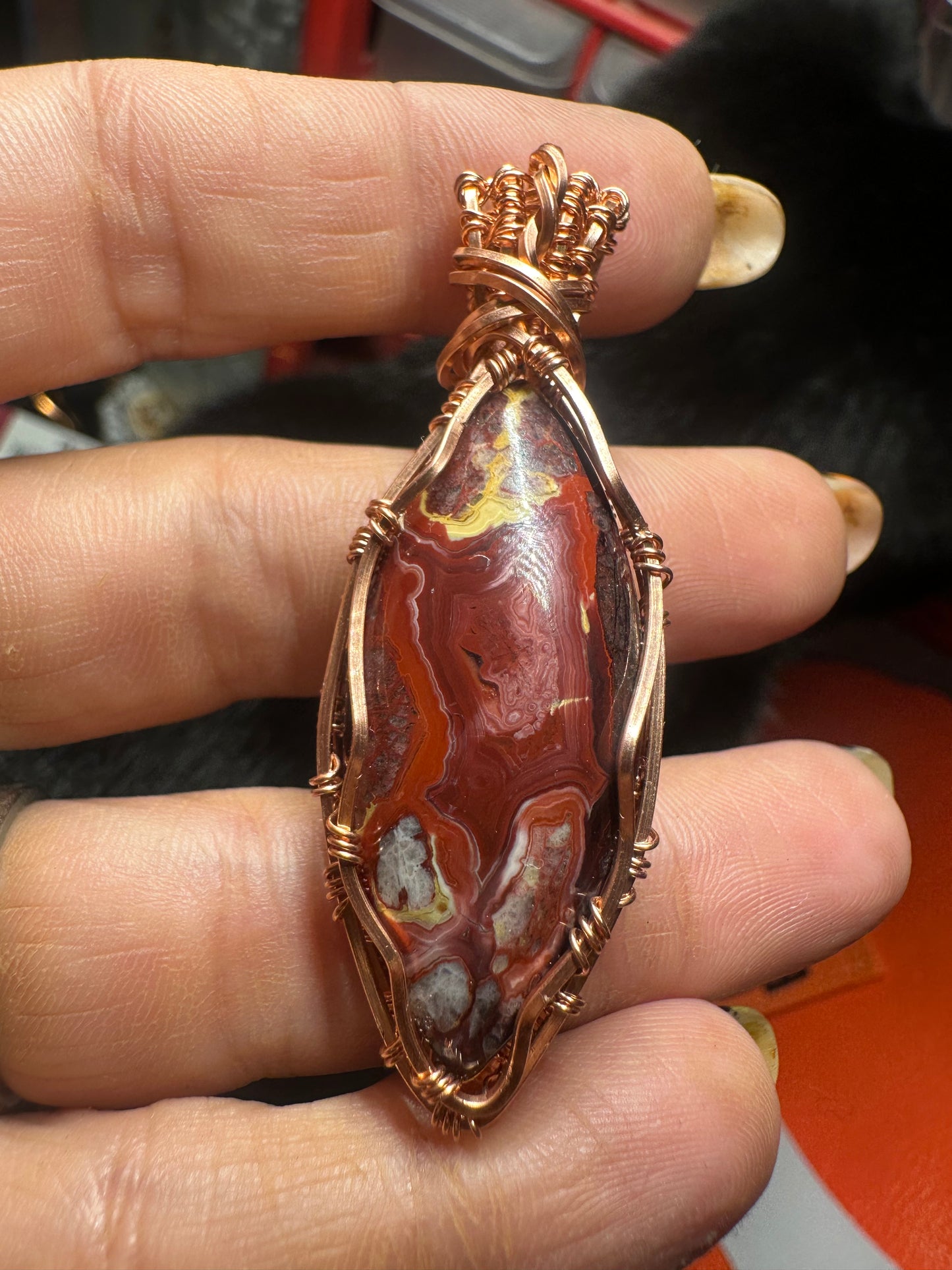Red lace agate copper pendant