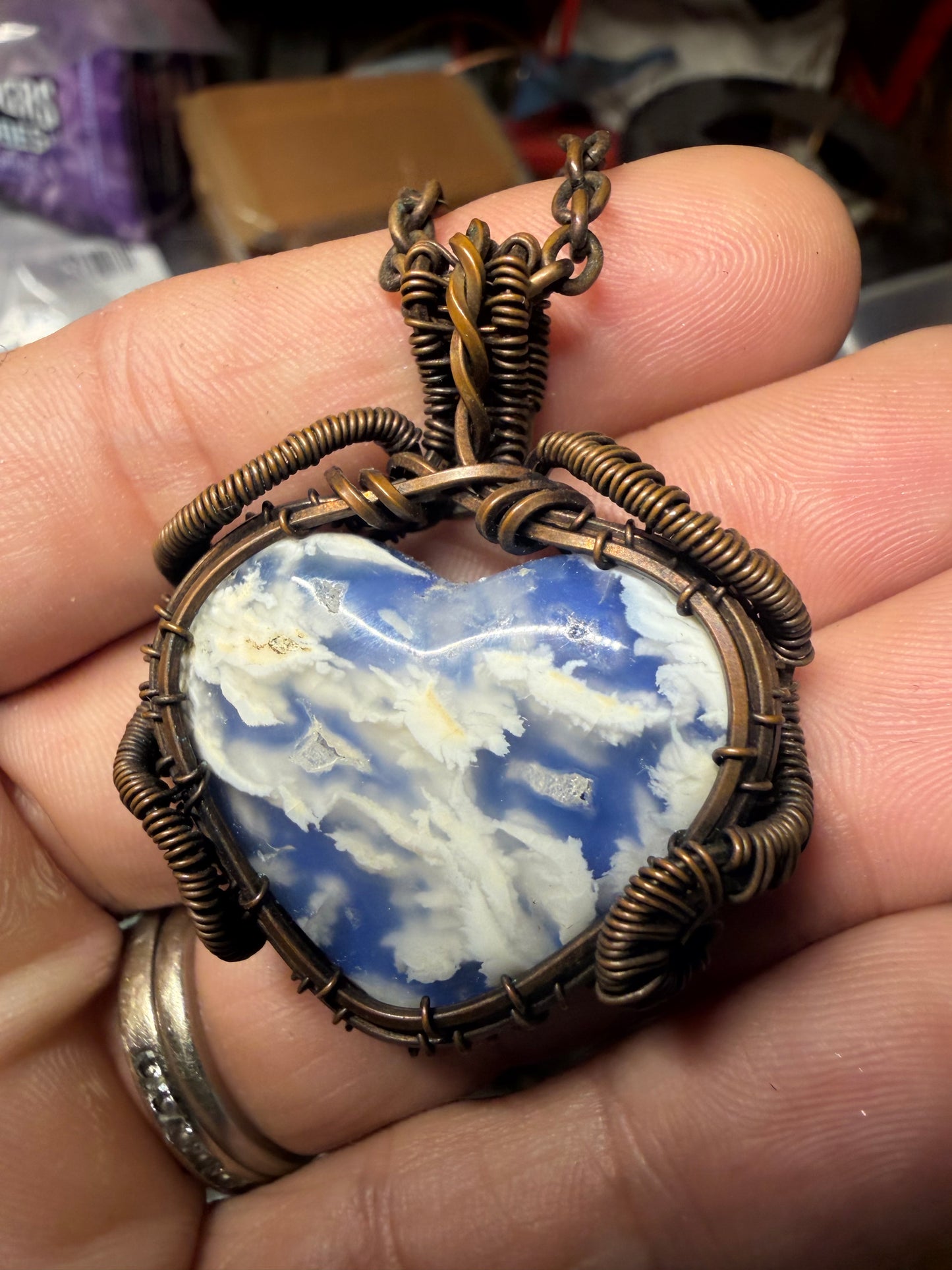 Plum agate (doublet) heart copper pendant