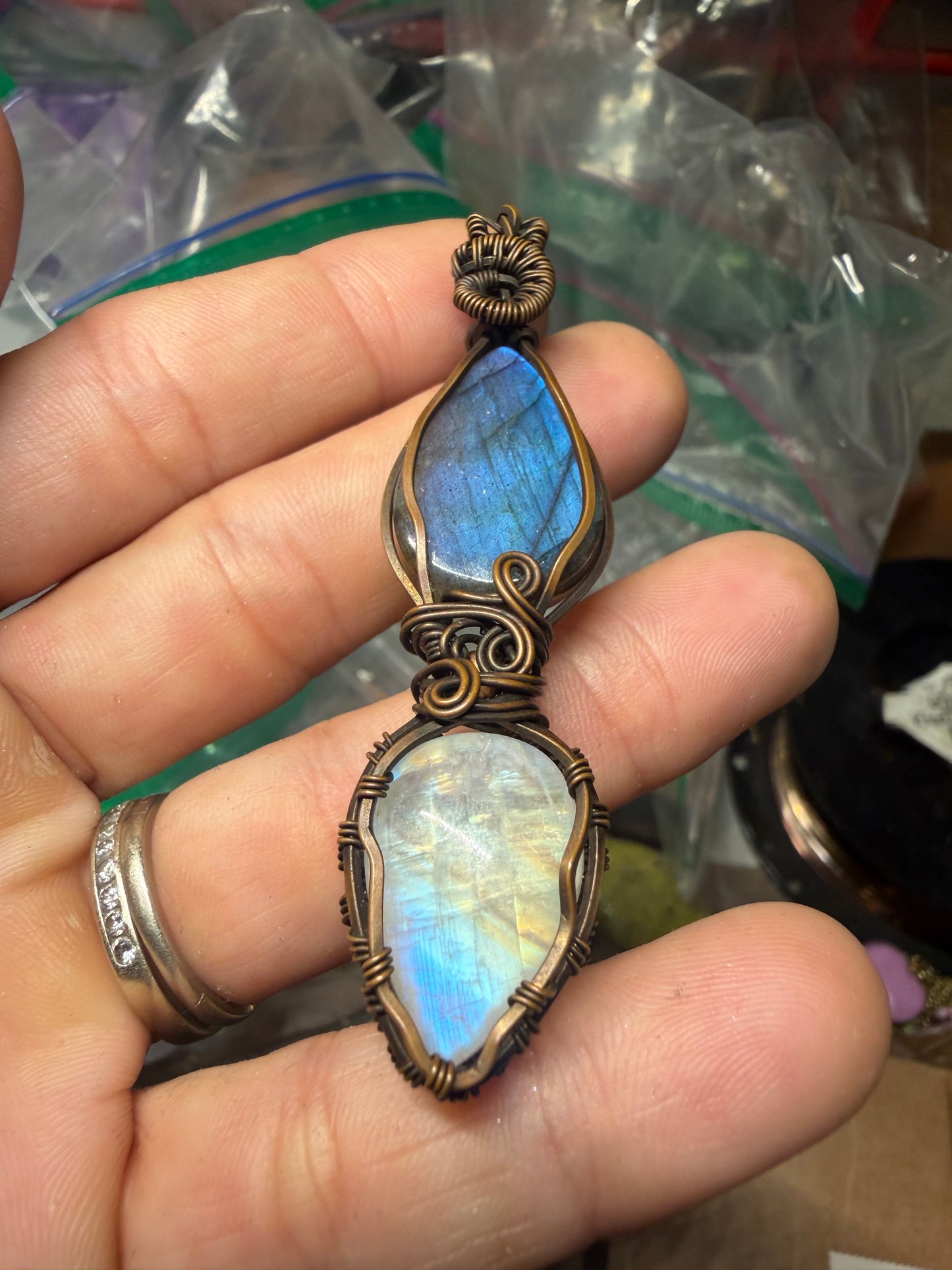 Labradorite & moonstone copper pendant