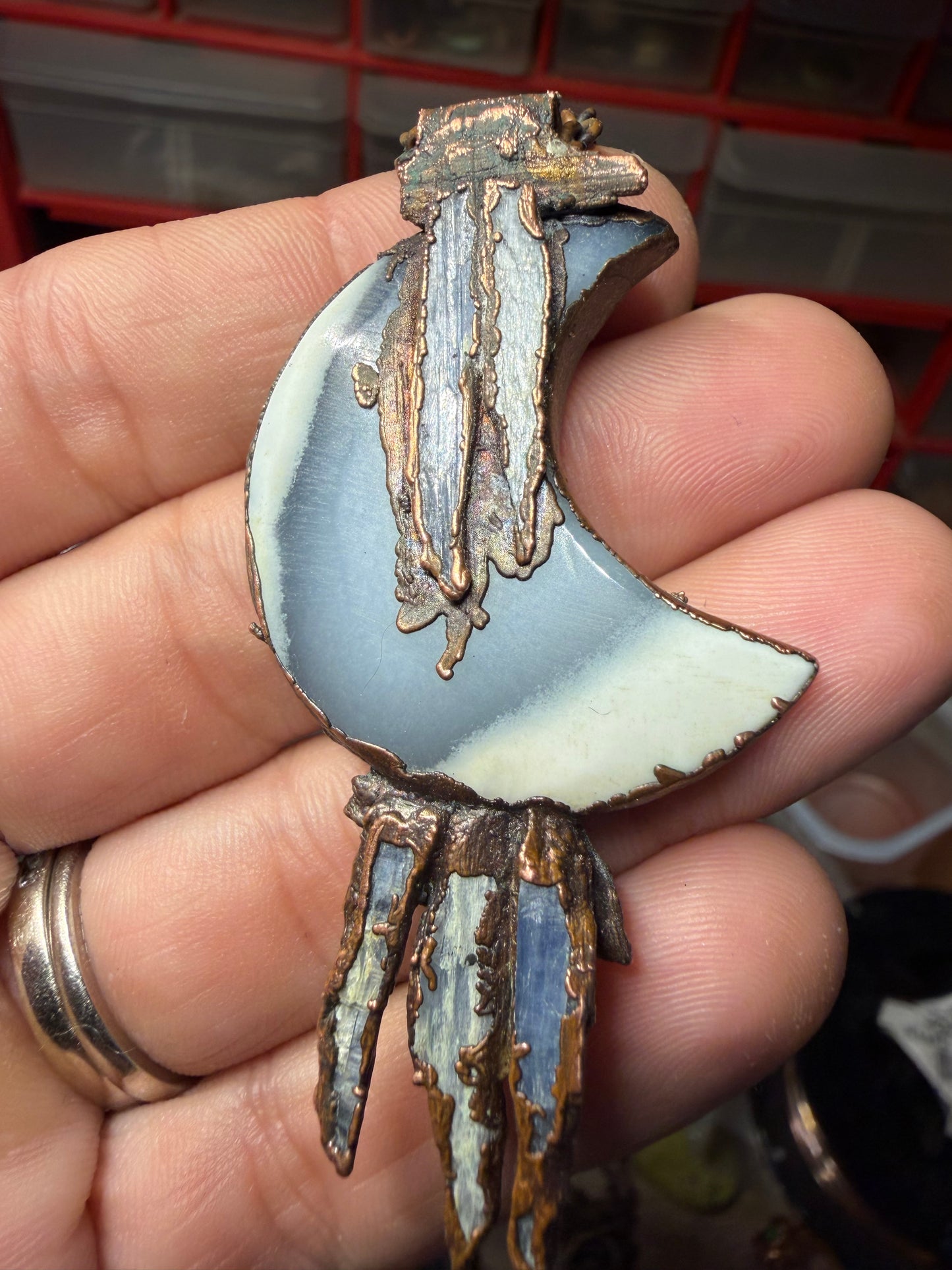 Blue opal Electroformed moon pendant