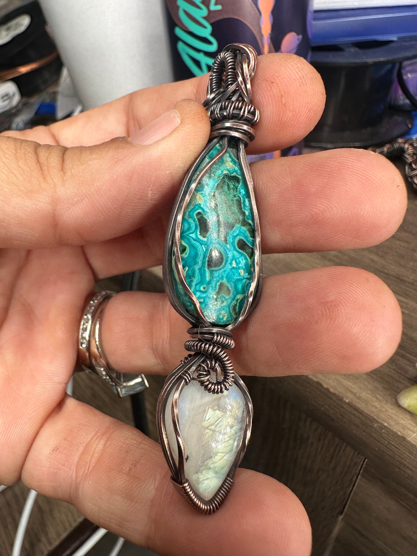 Chrysocolla and moonstone copper pendant