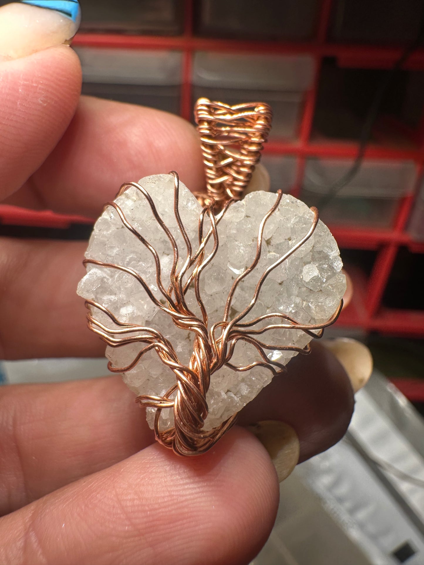 Drusy agate heart “tree of life”copper pendant