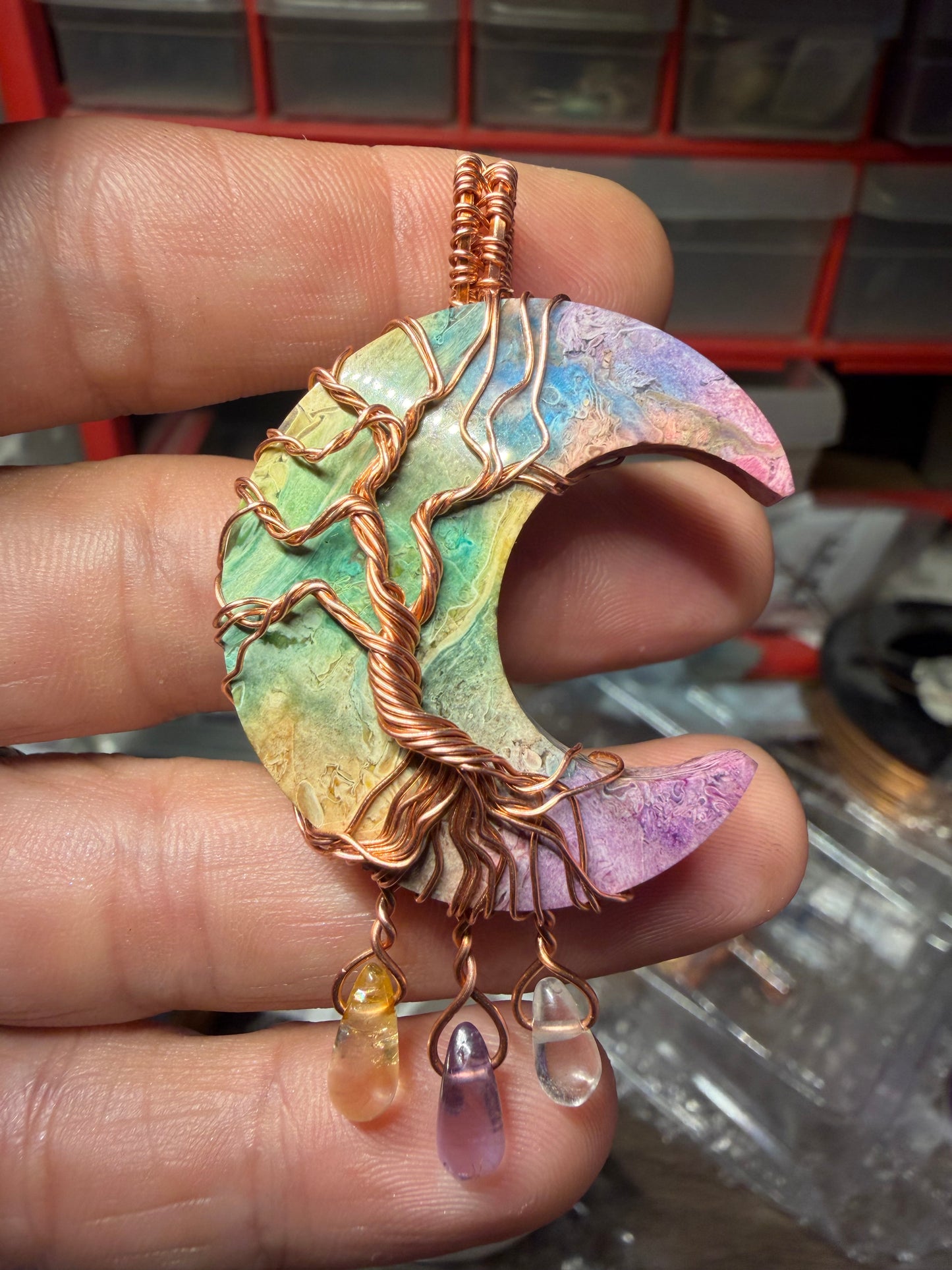 Fossil palm root moon copper pendant (dyed)