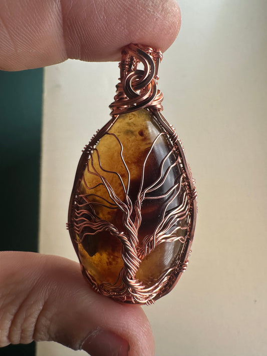 Amber tree of life copper pendant