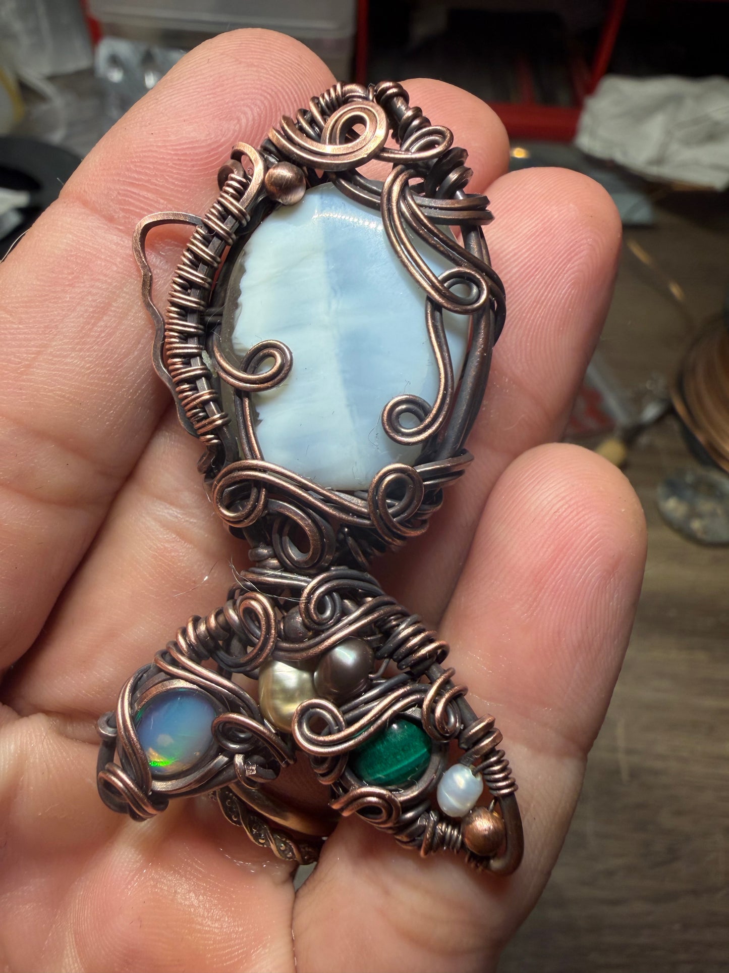 Blue opal Fish inspired copper pendant