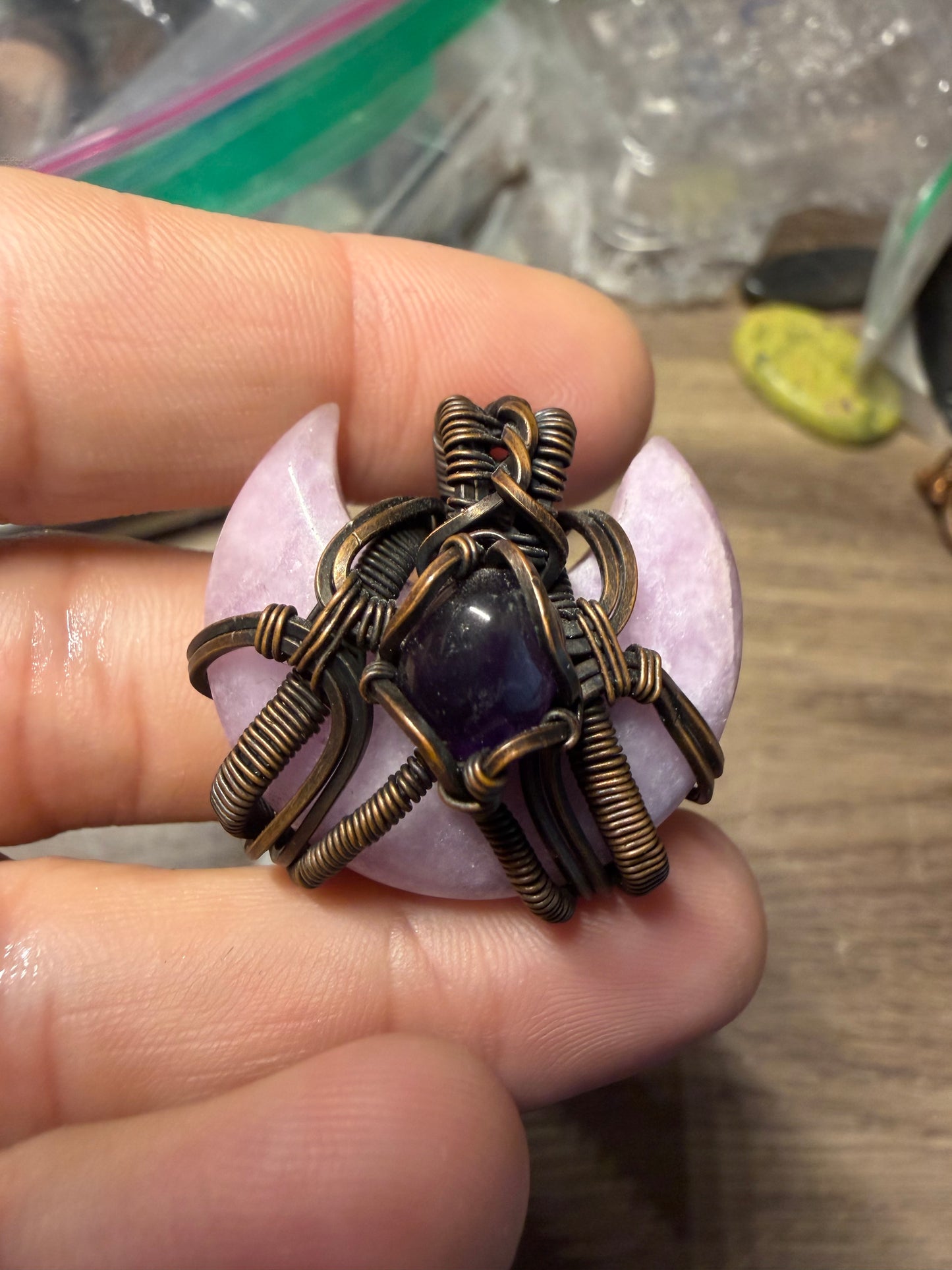 Amethyst and lepidolite moon copper pendant