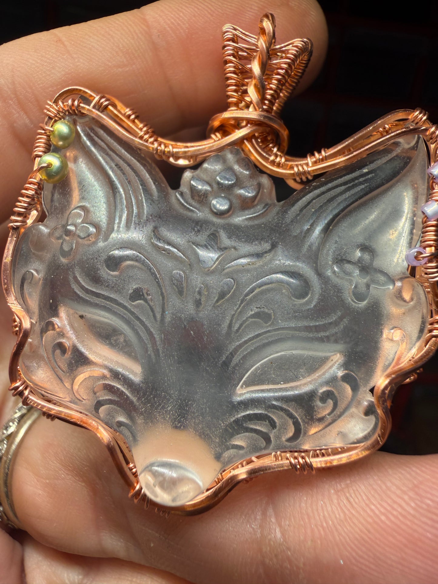 Fox clear quartz copper pendant
