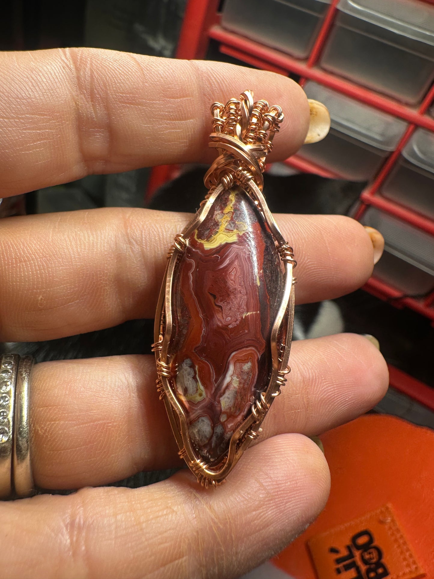 Red lace agate copper pendant