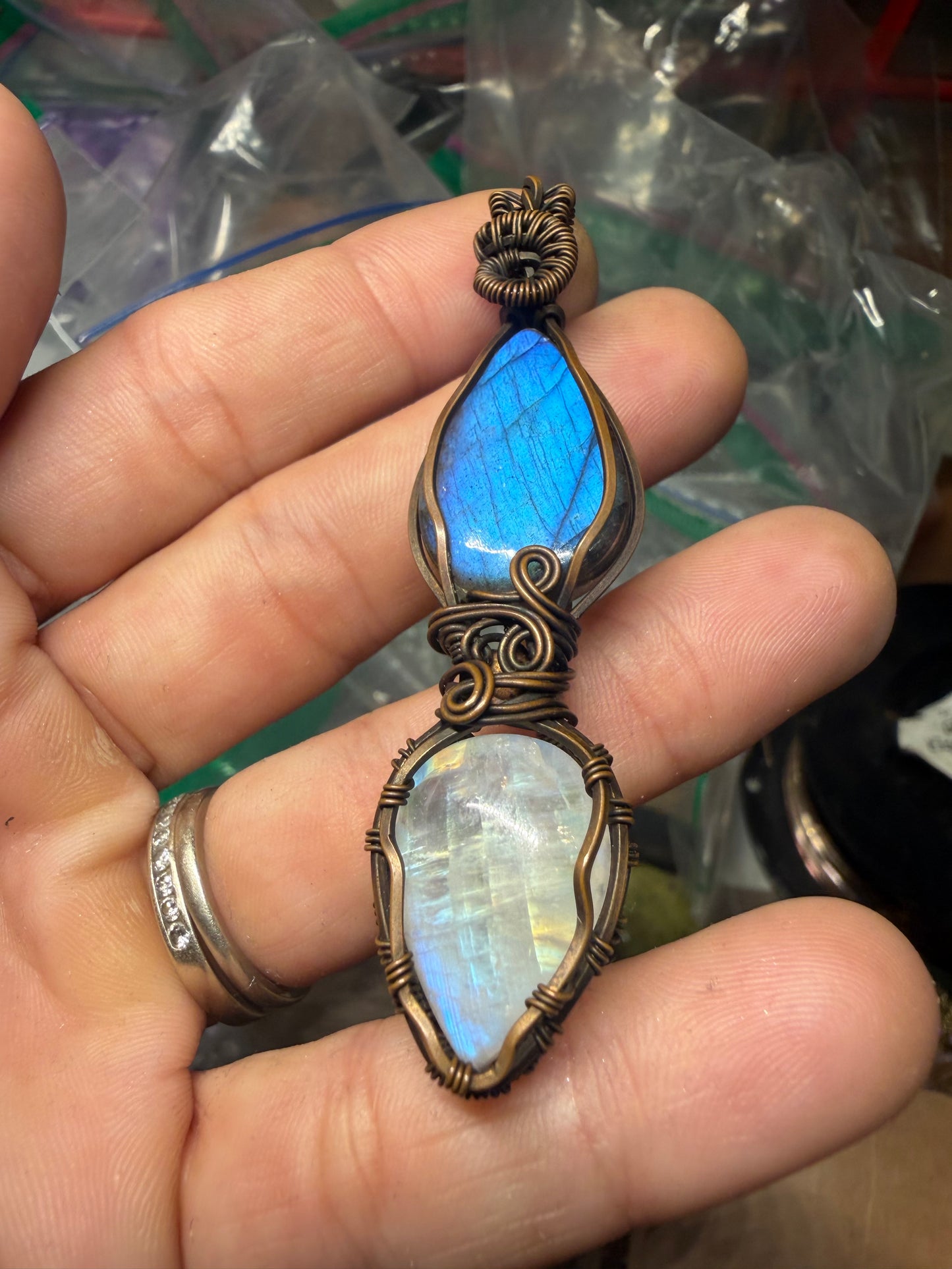 Labradorite & moonstone copper pendant
