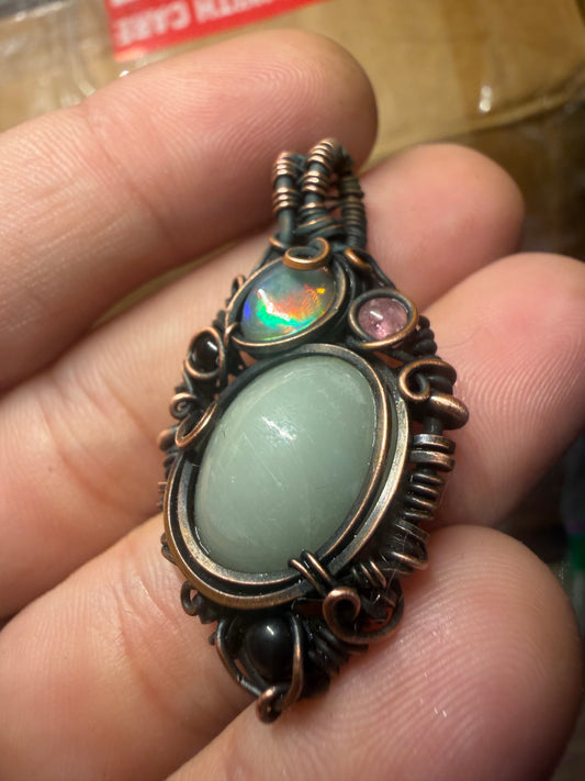 Amazonite & opal copper pendant