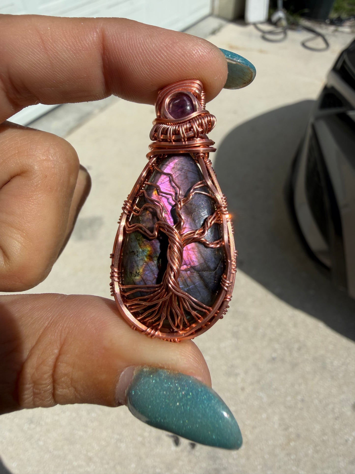 Purple labradorite tree of life copper pendant