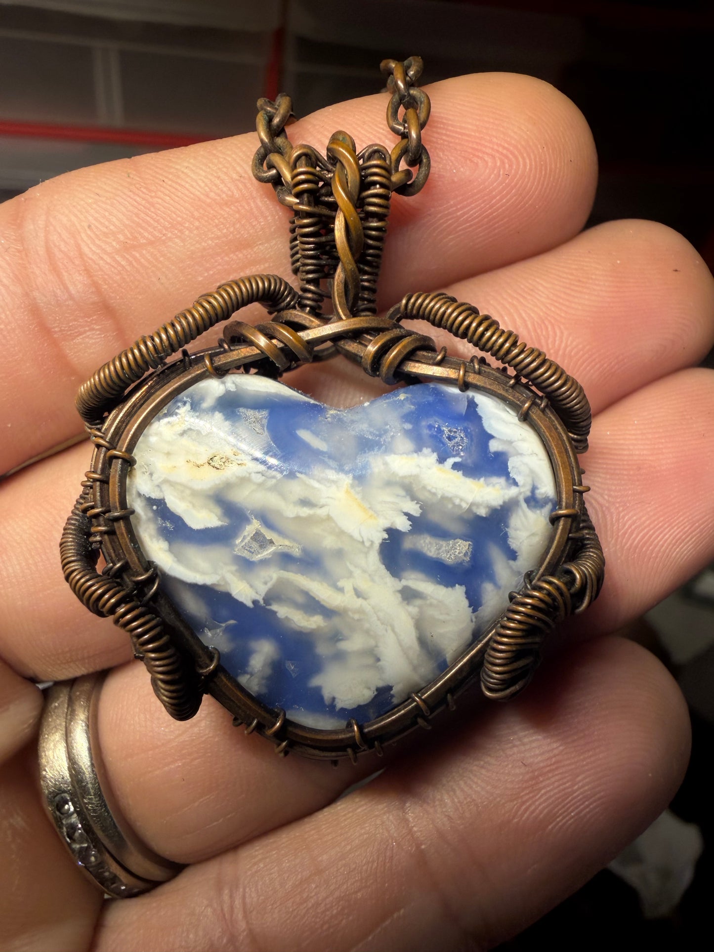 Plum agate (doublet) heart copper pendant