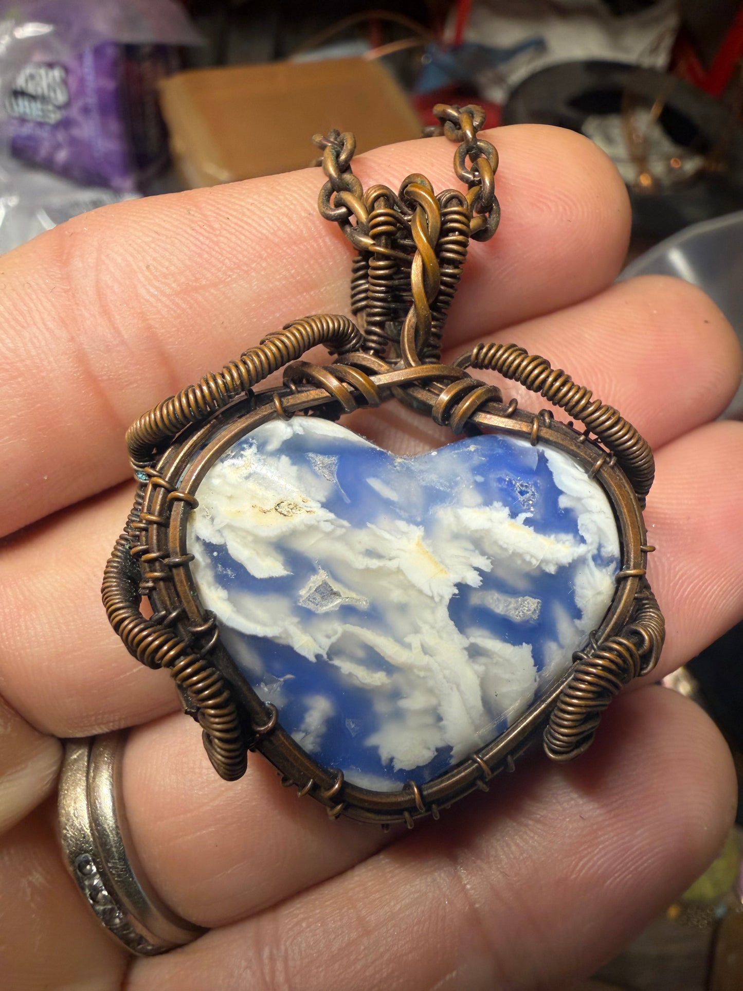 Plum agate (doublet) heart copper pendant
