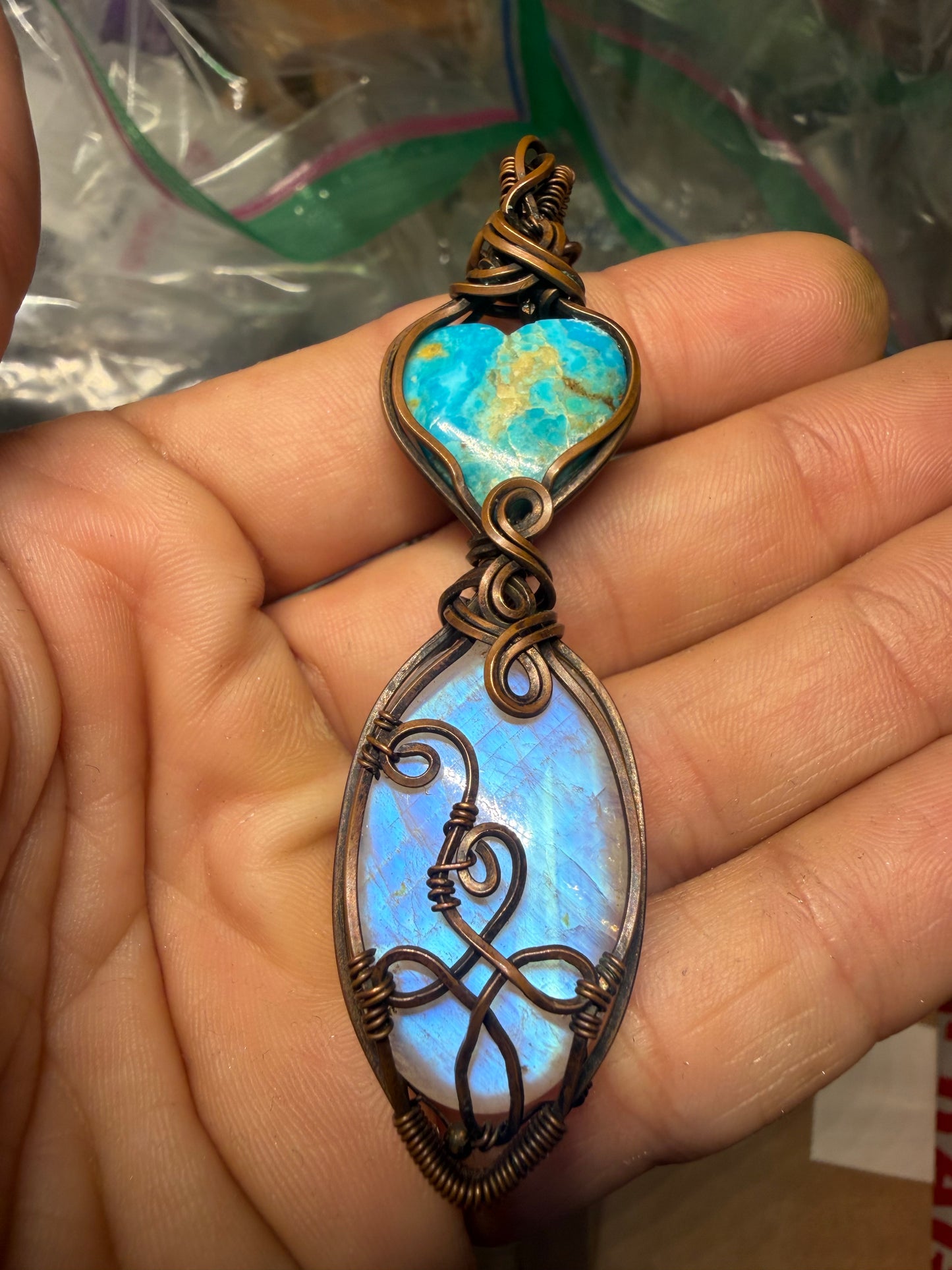 Turquoise & moonstone copper pendant