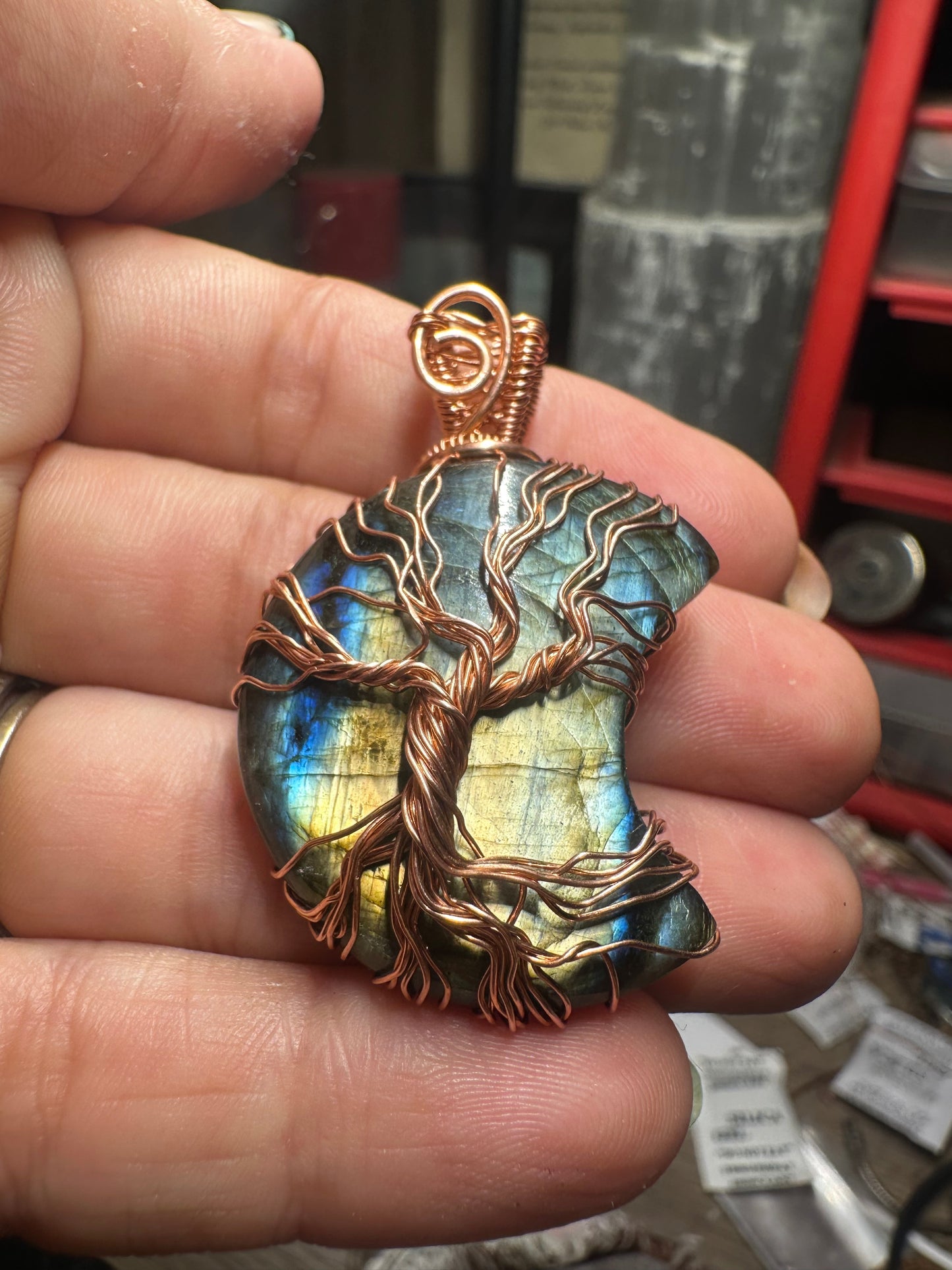 Labradorite Crescent 
Moon Copper Pendant