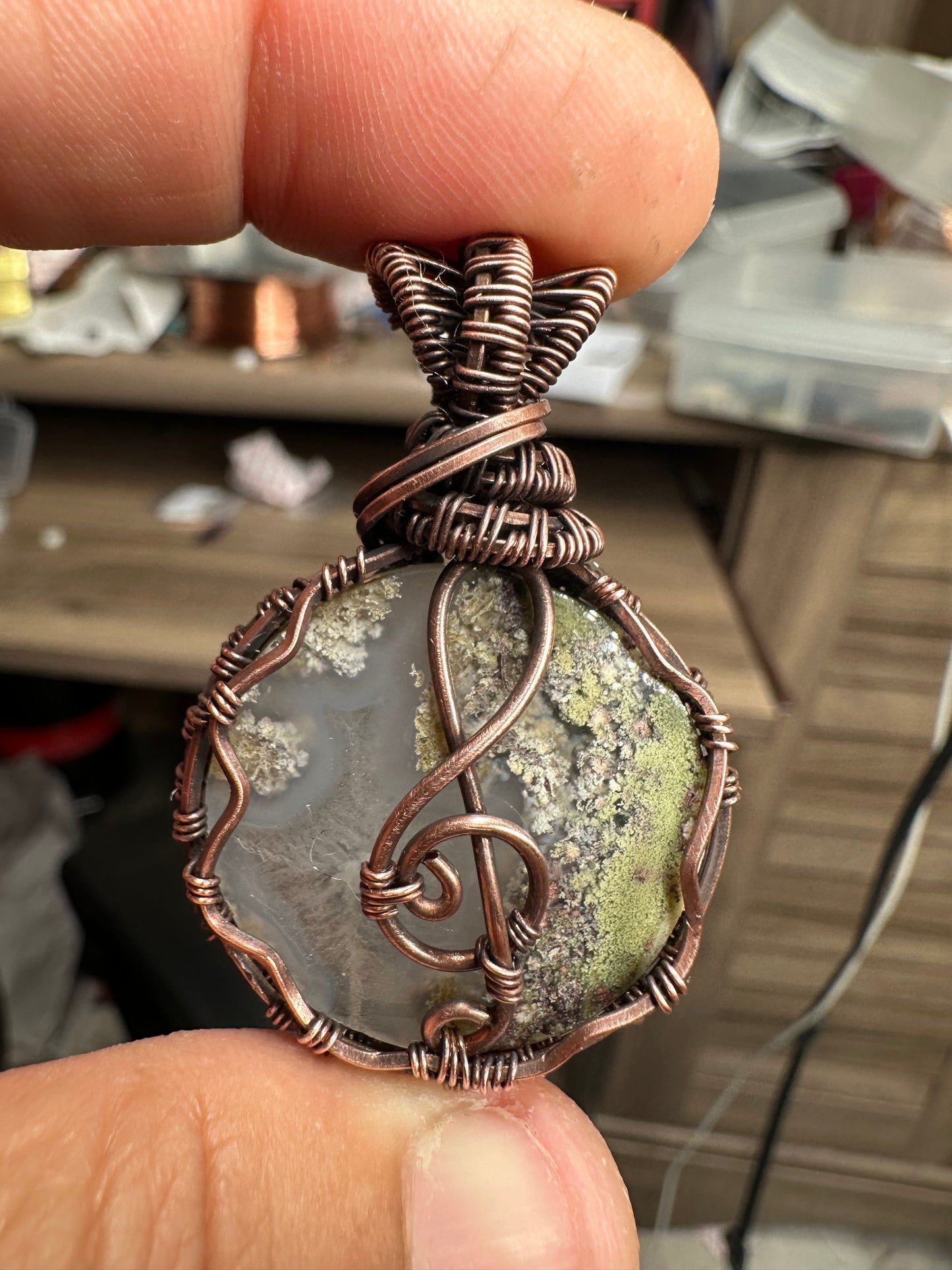 Treble clef moss agate copper pendant