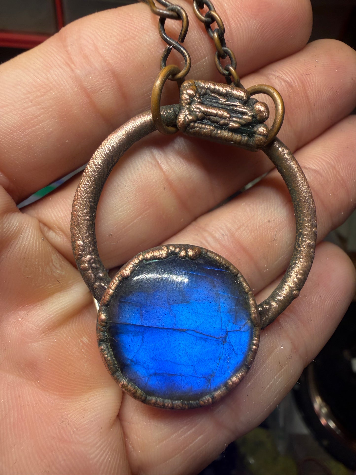 Labradorite and tourmaline copper pendant