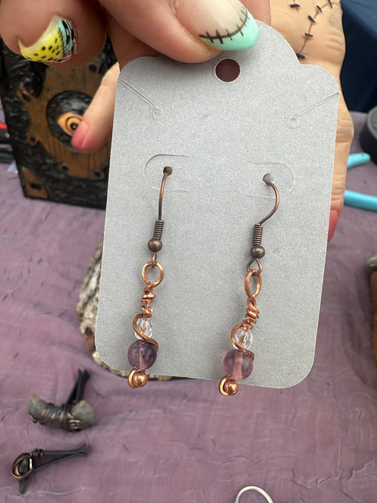 Natural Amethyst & Swarovski clear crystals copper earrings