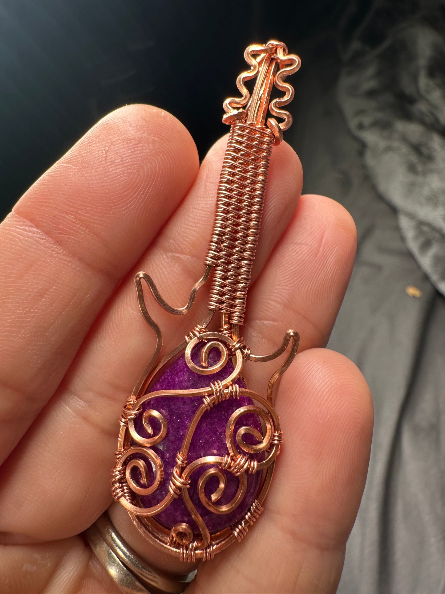 Guitar inspired Aventurine (dyed) pink copper pendant