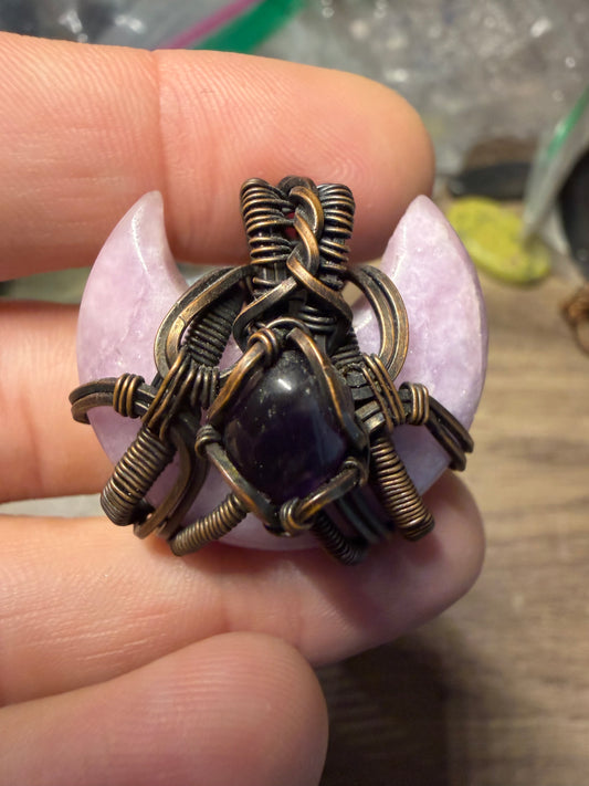 Amethyst and lepidolite moon copper pendant