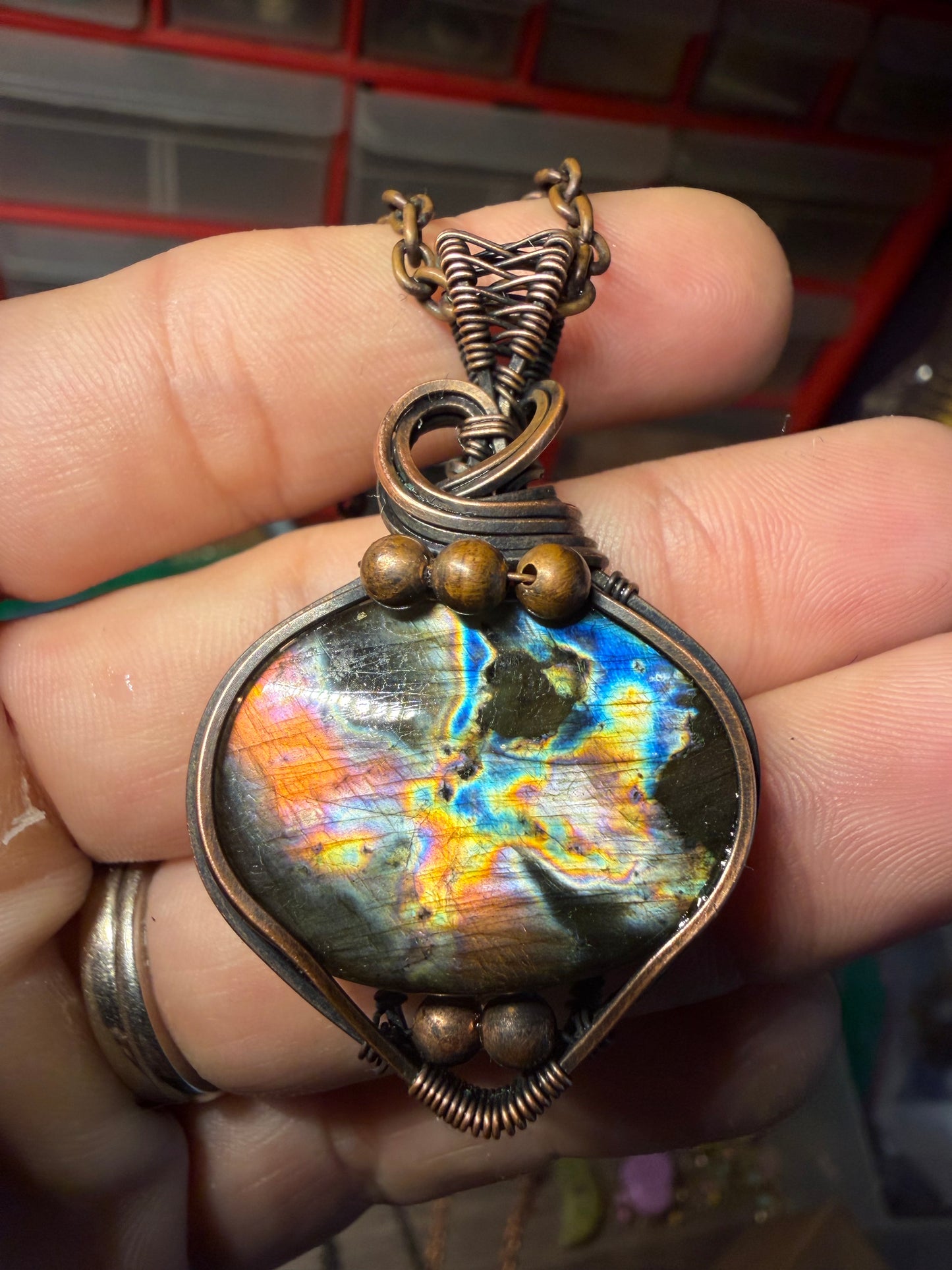 Flashy labradorite copper pendant