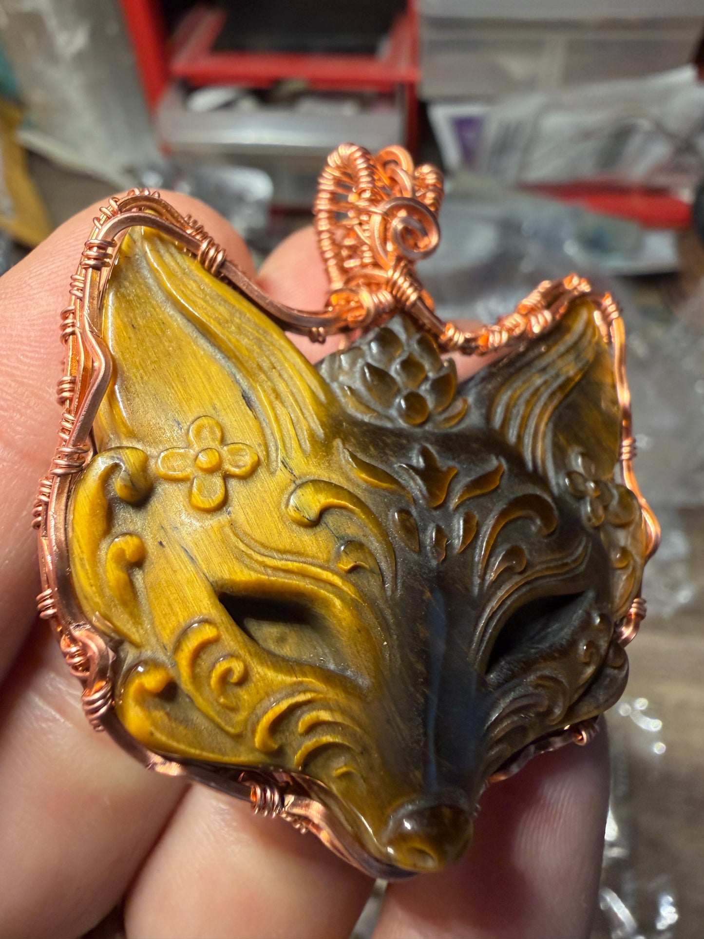 Tigers eye fox cooper pendant