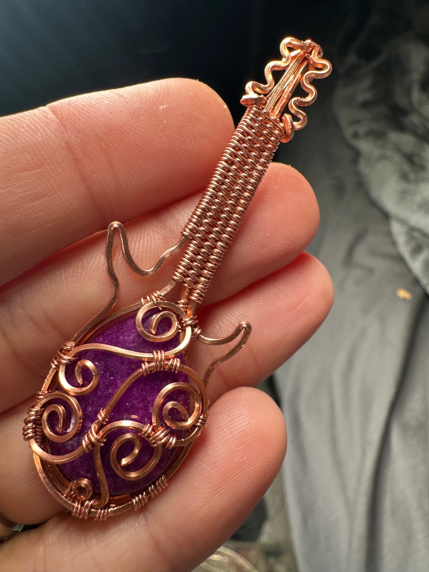 Guitar inspired Aventurine (dyed) pink copper pendant