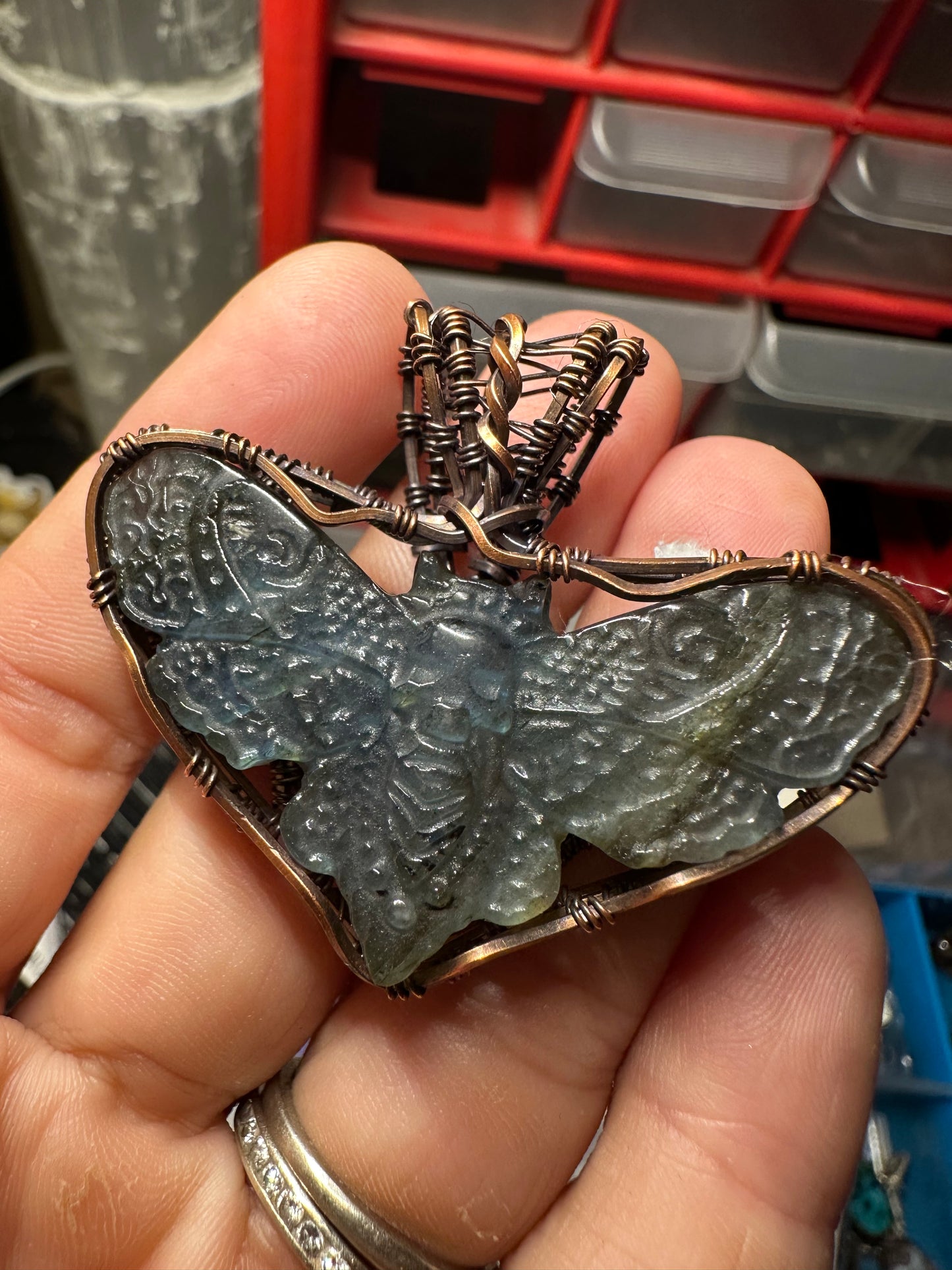 Labradorite moth copper pendant