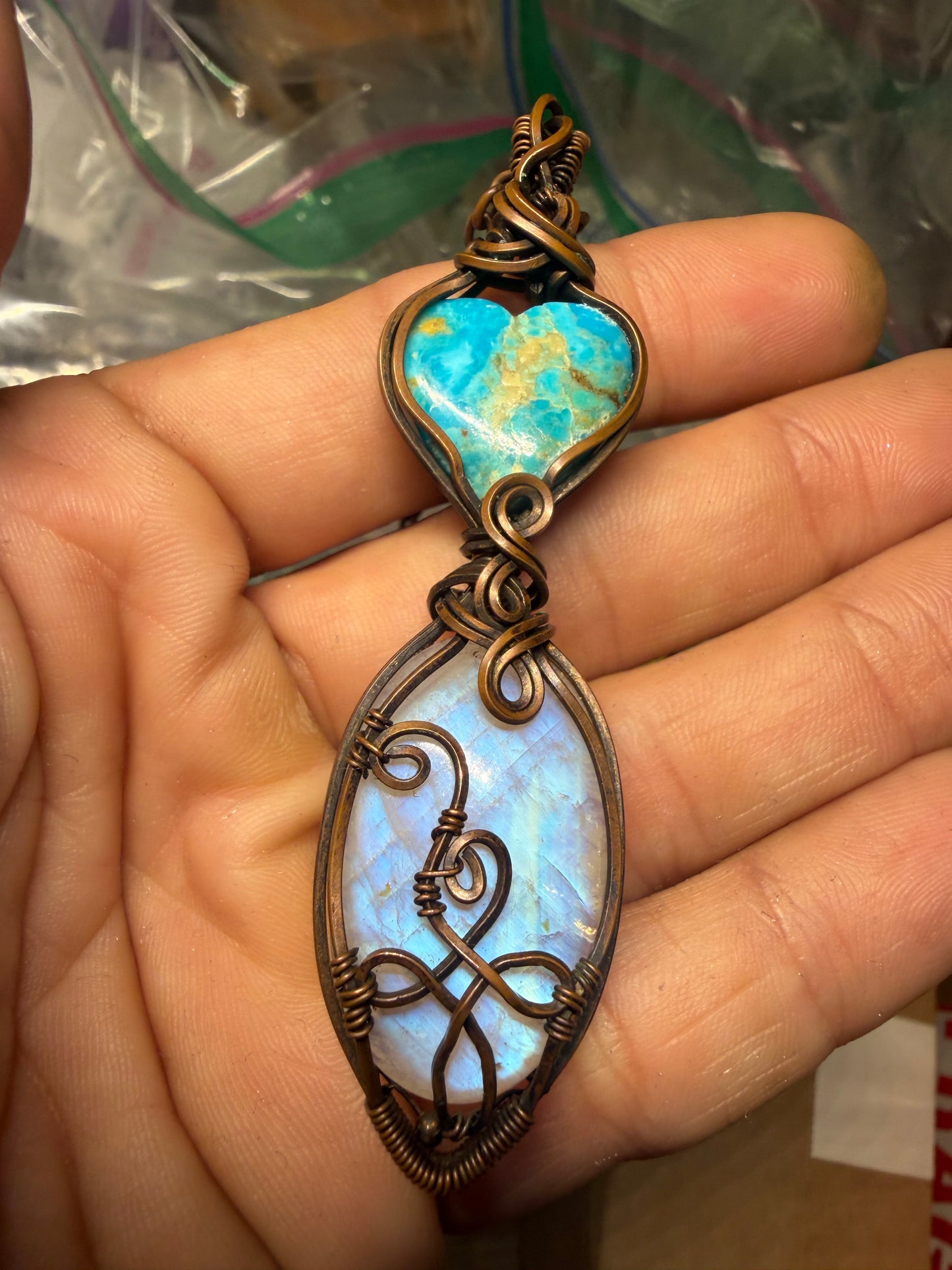 Turquoise & moonstone copper pendant