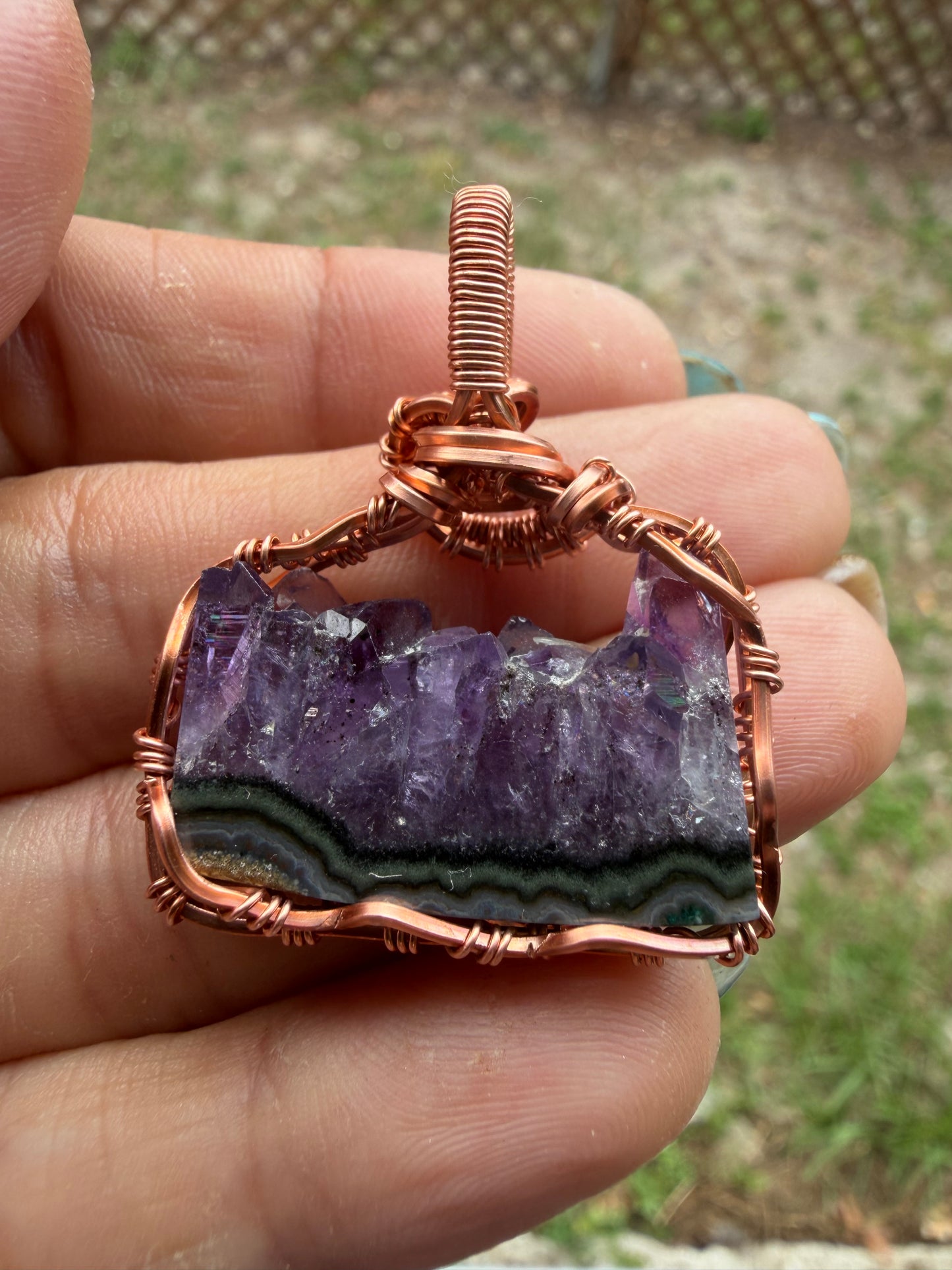 Uruguayan amethyst slice copper pendant