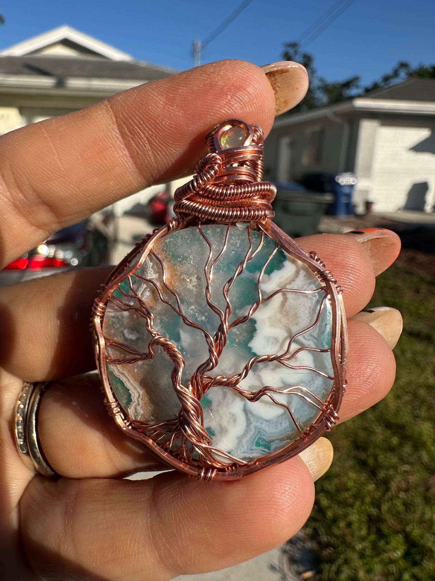 Plum drusy agate doublet copper pendant