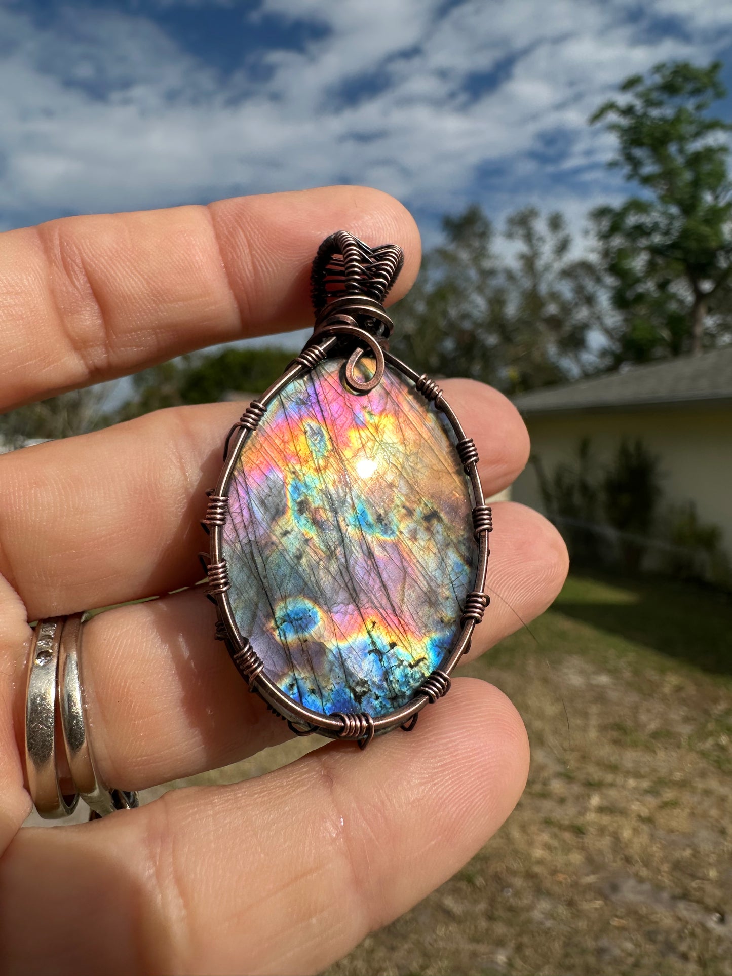 Spectrolite copper pendant