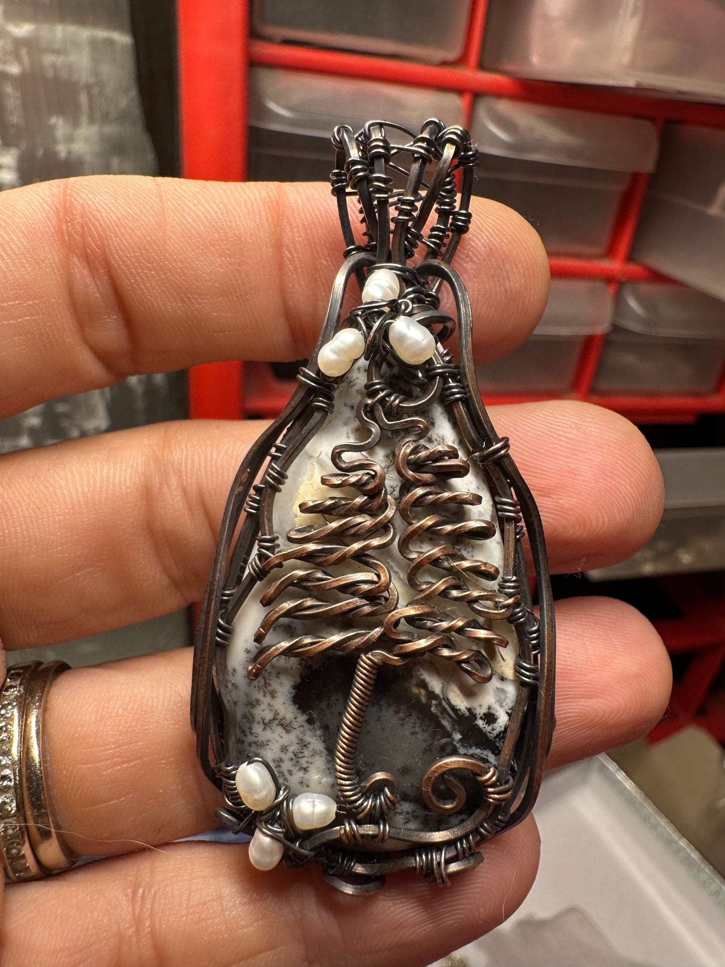 Christmas tree dendritic agate copper pendant