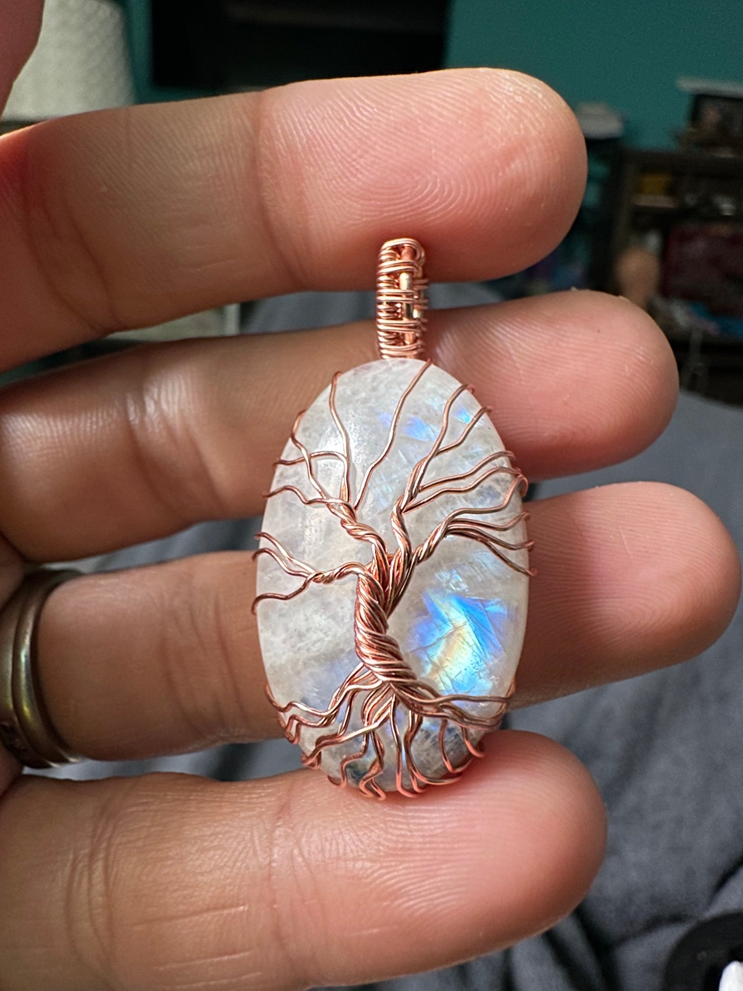 Moonstone tree of life copper pendant