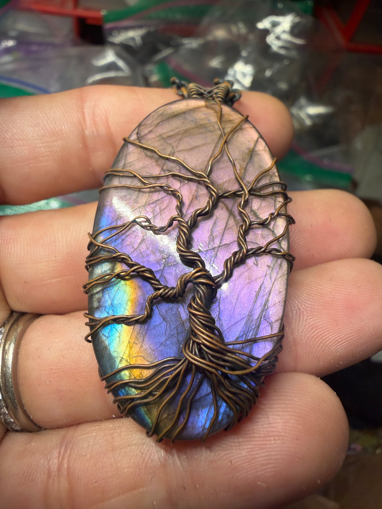 Purple labradorite tree of life copper pendant