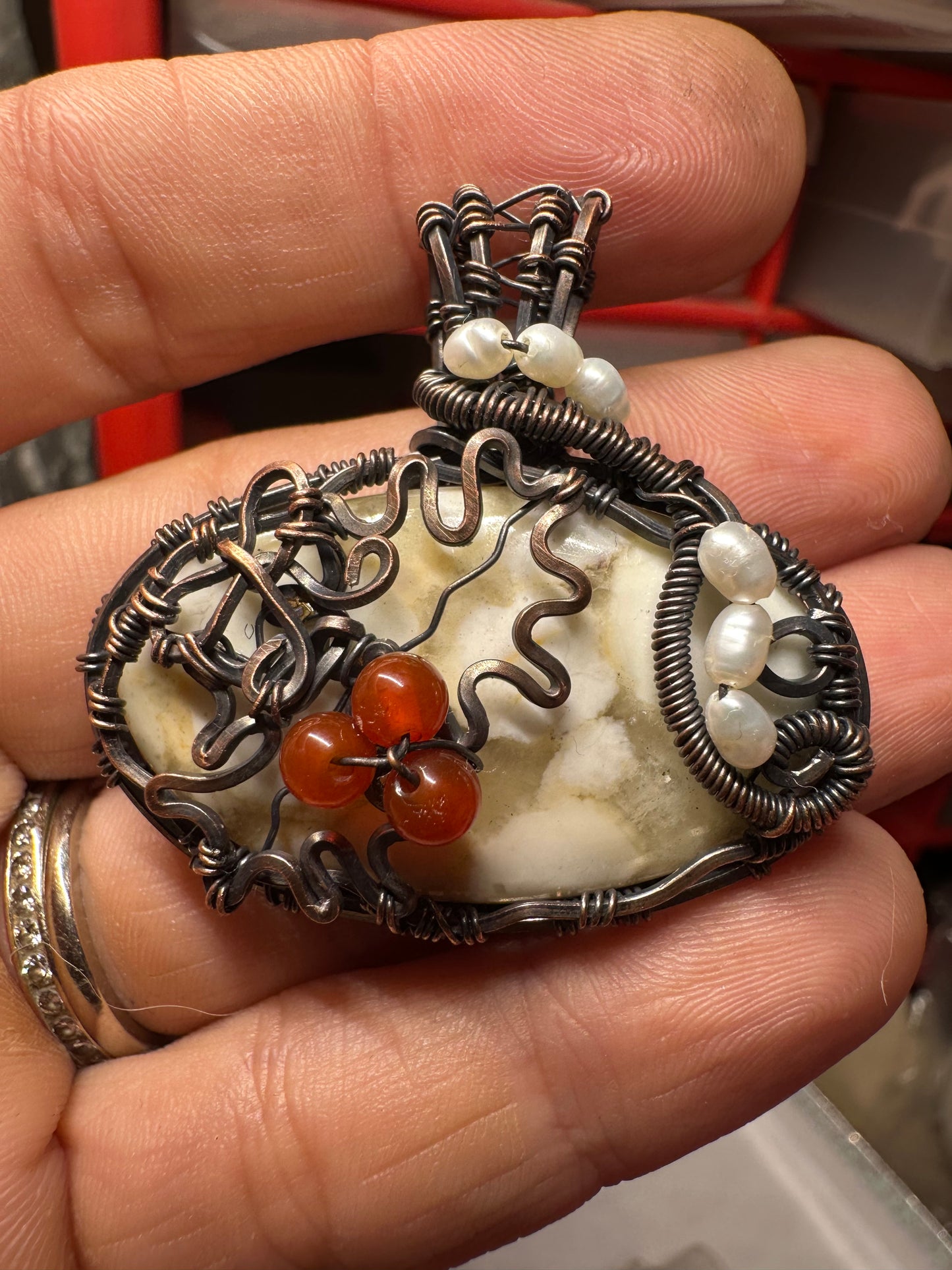 White agate mistletoe copper pendant