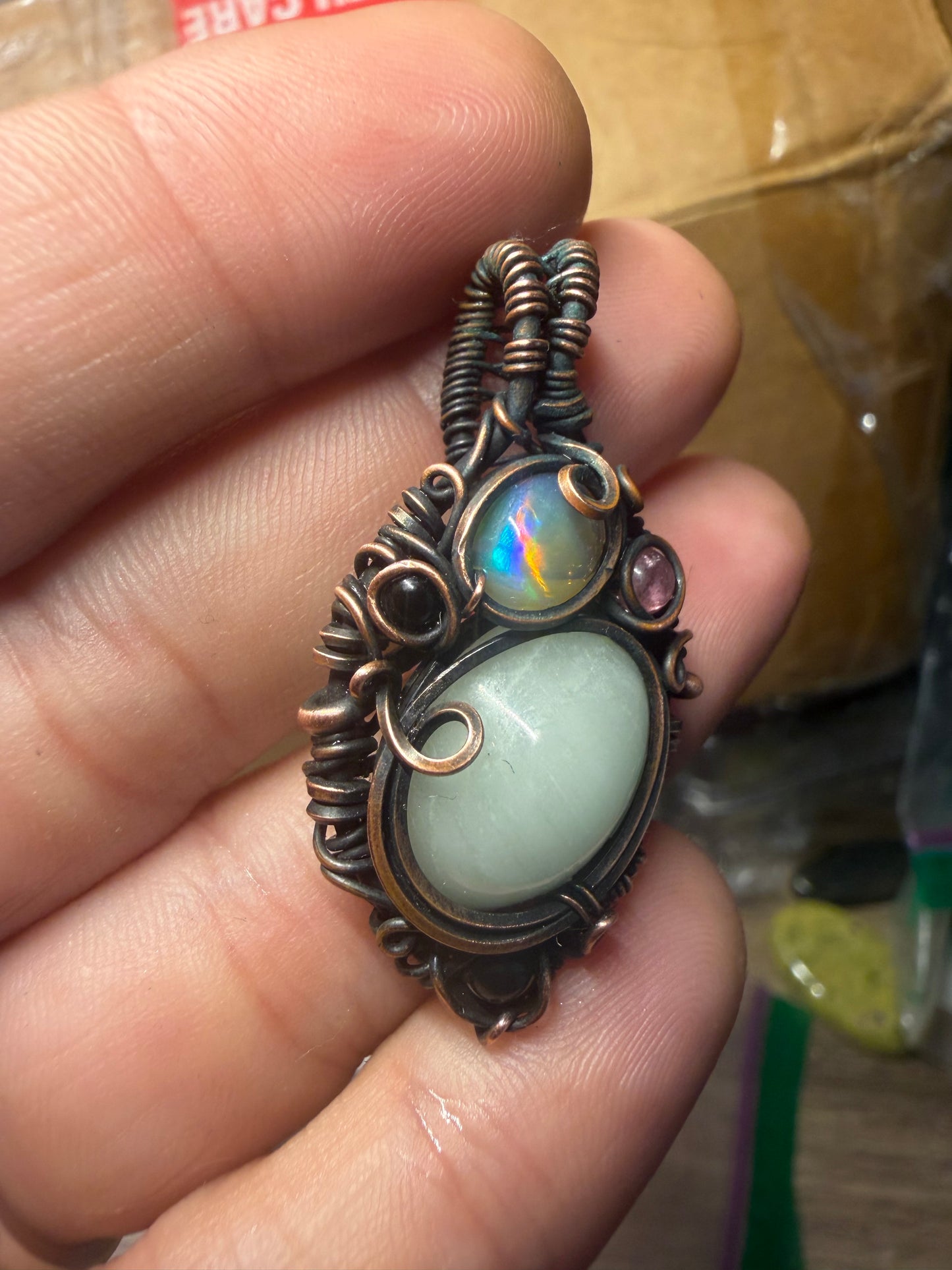 Amazonite & opal copper pendant