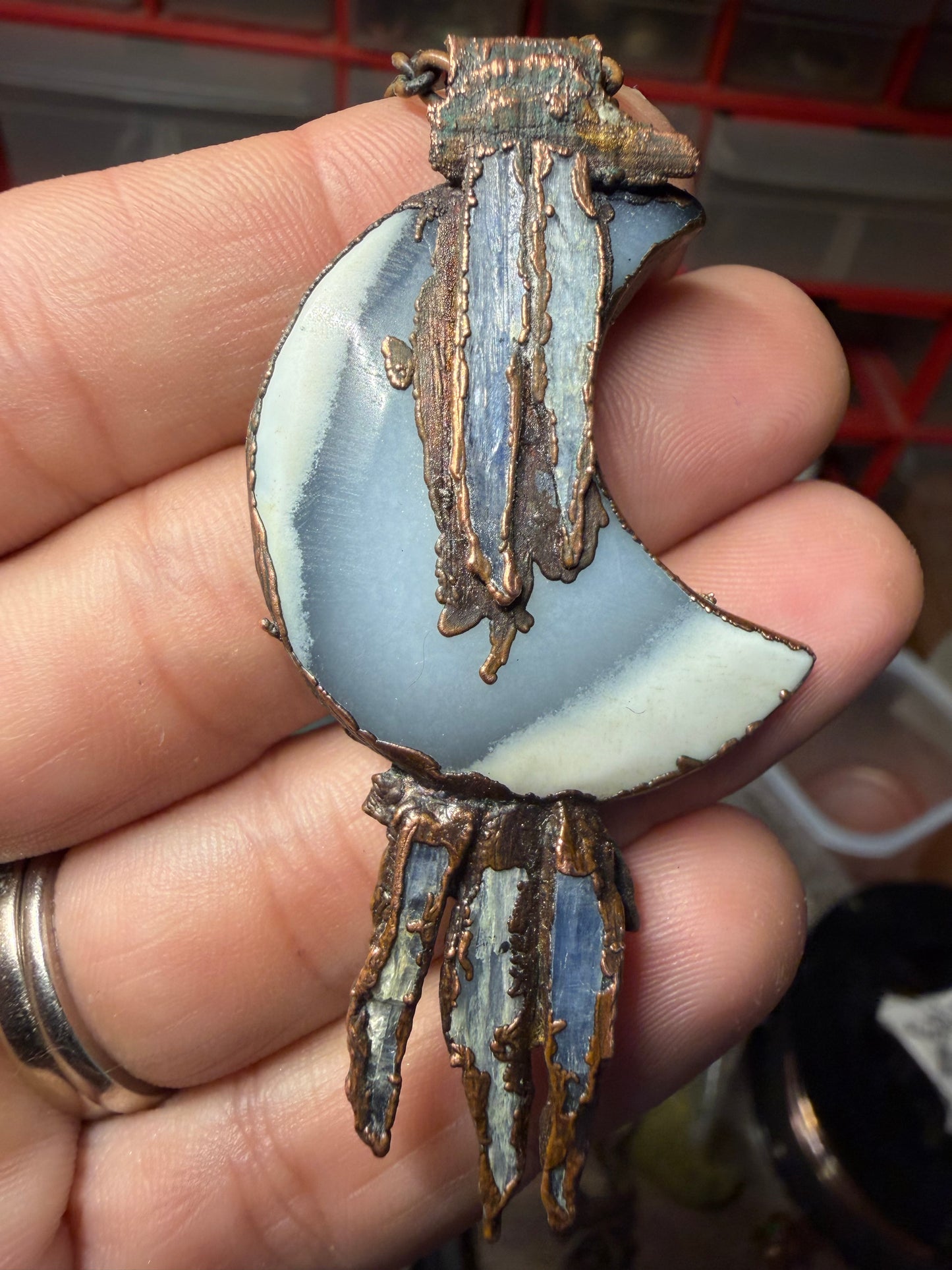 Blue opal Electroformed moon pendant
