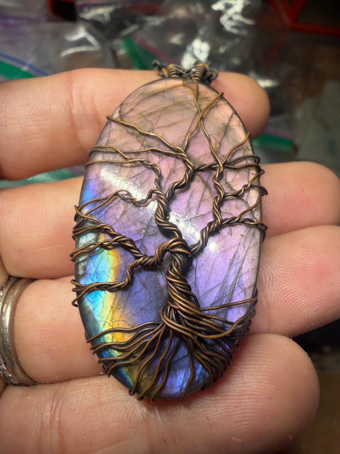 Purple labradorite tree of life copper pendant
