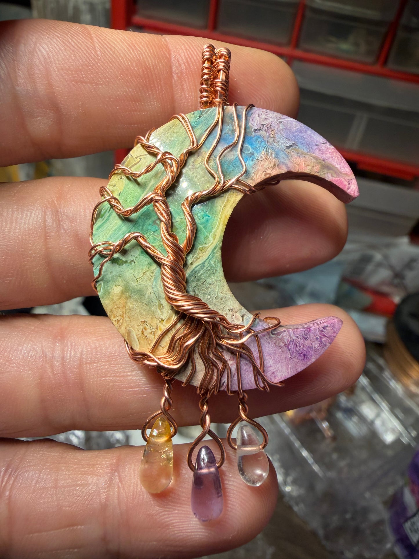 Fossil palm root moon copper pendant (dyed)