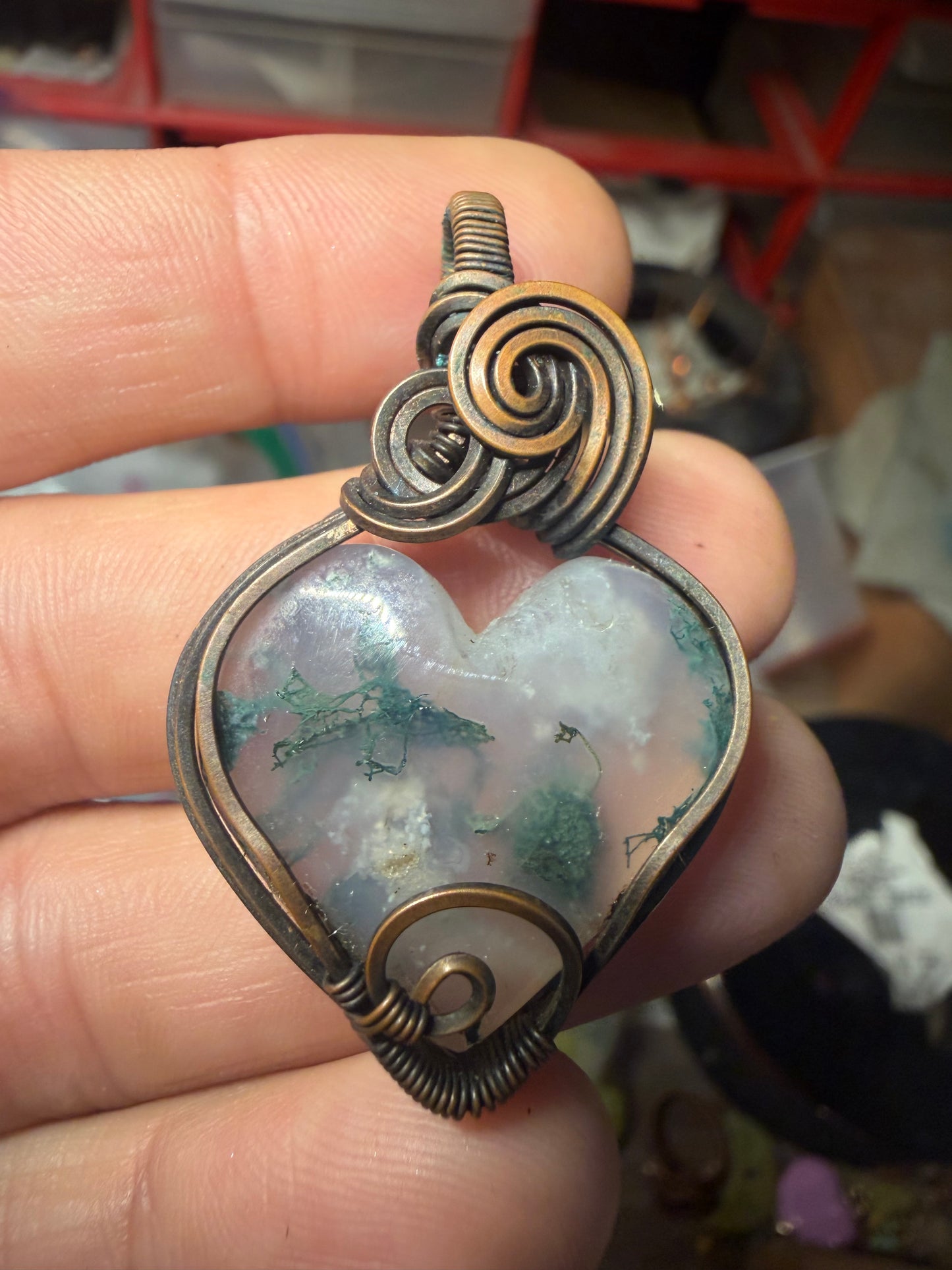 Moss agate copper heart pendant