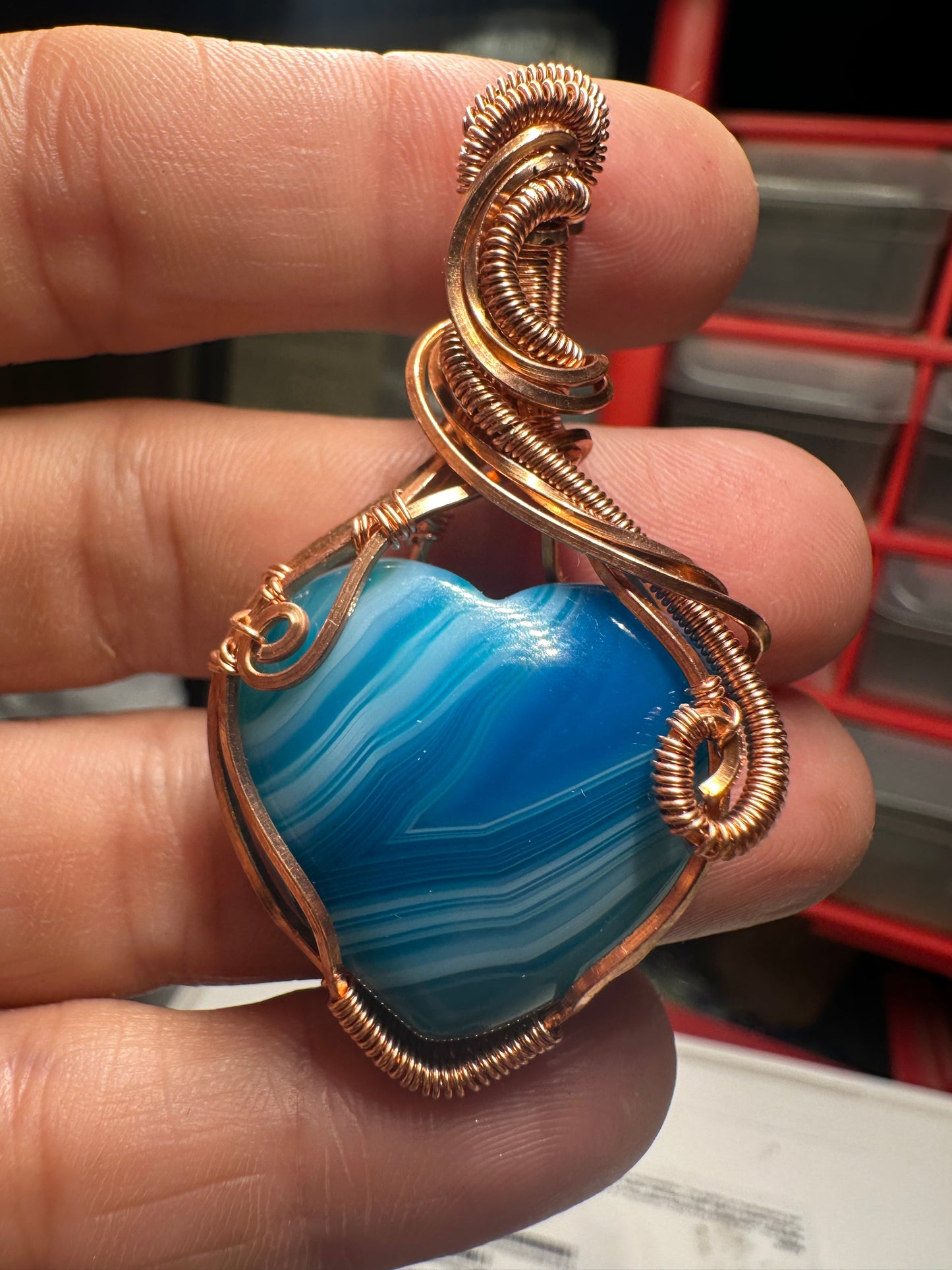 Blue lace agate copper pendant