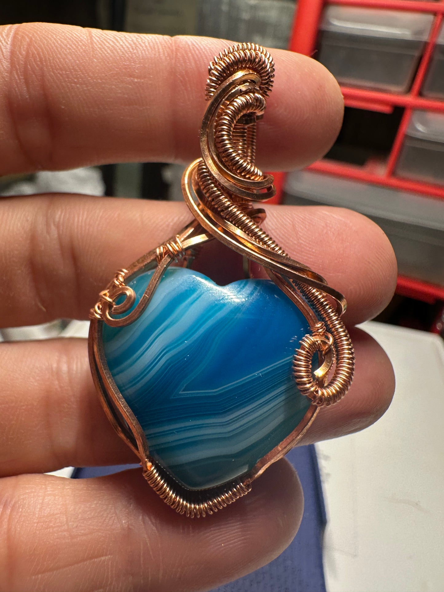 Blue lace agate copper pendant